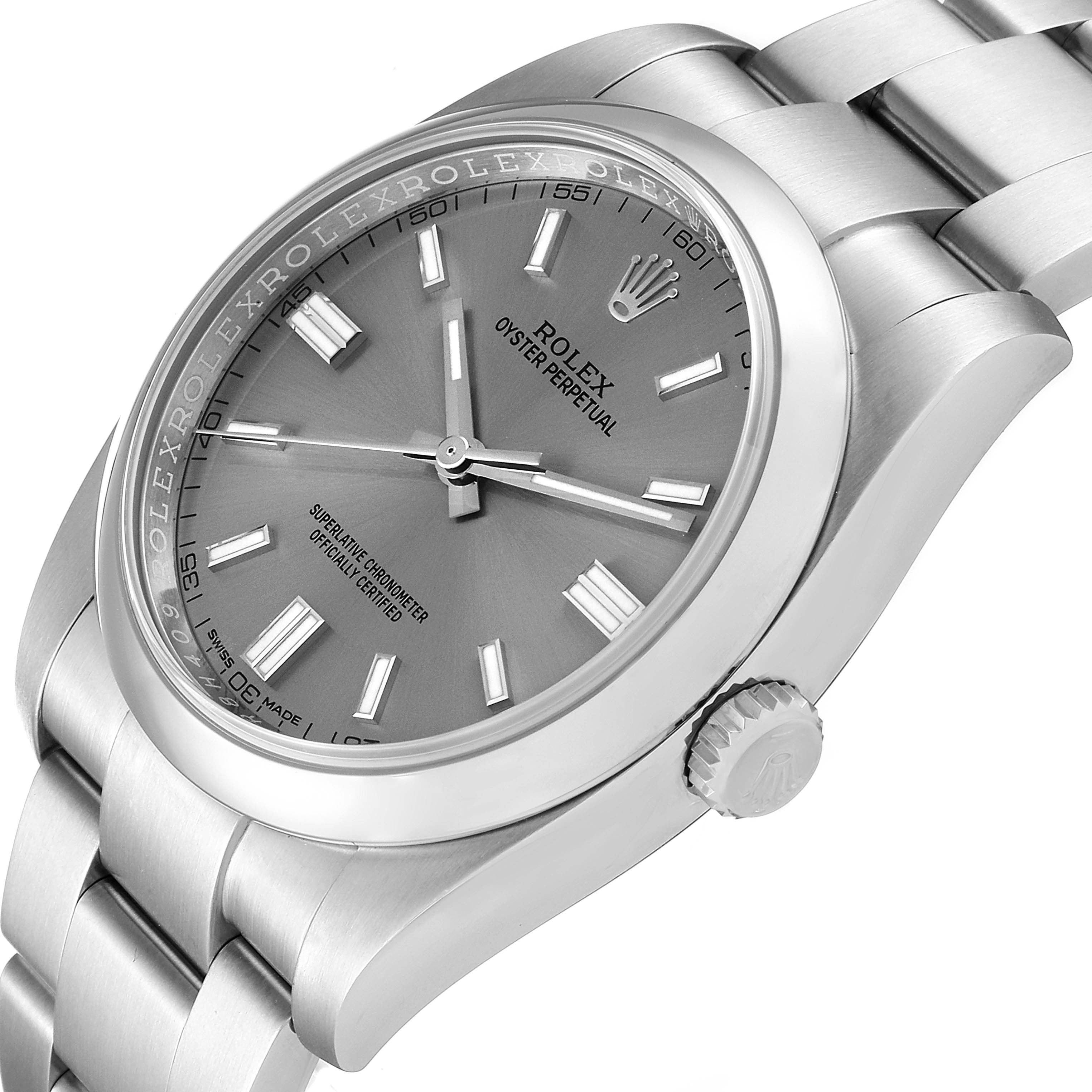 The image shows a Rolex Oyster Perpetual 116000 Men's Stainless Steel Grey Dial 116000 Men's Stainless Steel Grey Dial watch at a slight angle, highlighting its face, crown, and metal bracelet.