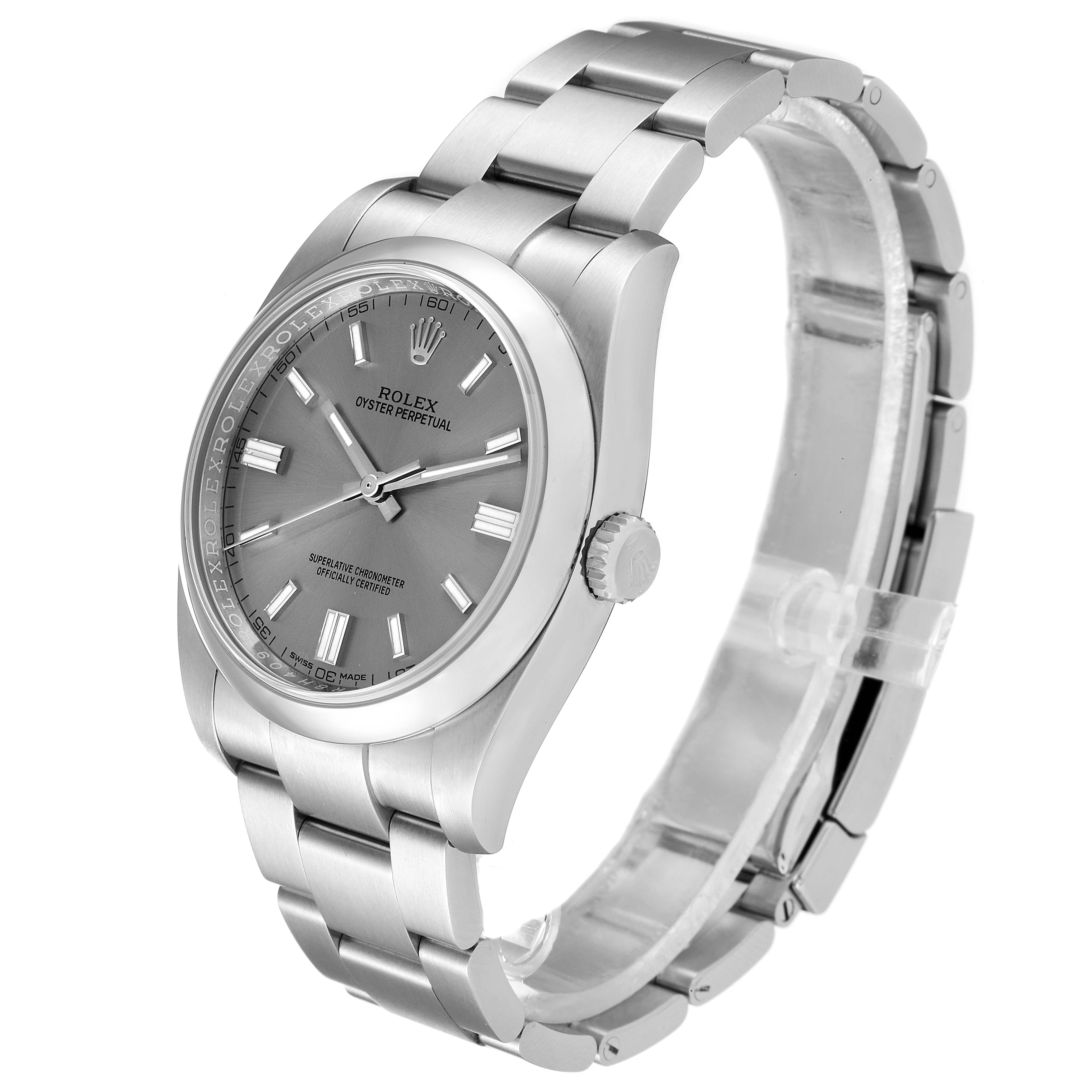 This image shows a side angle view of a Rolex Oyster Perpetual 116000 Men's Stainless Steel Grey Dial 116000 Men's Stainless Steel Grey Dial, highlighting the watch face, crown, and bracelet.