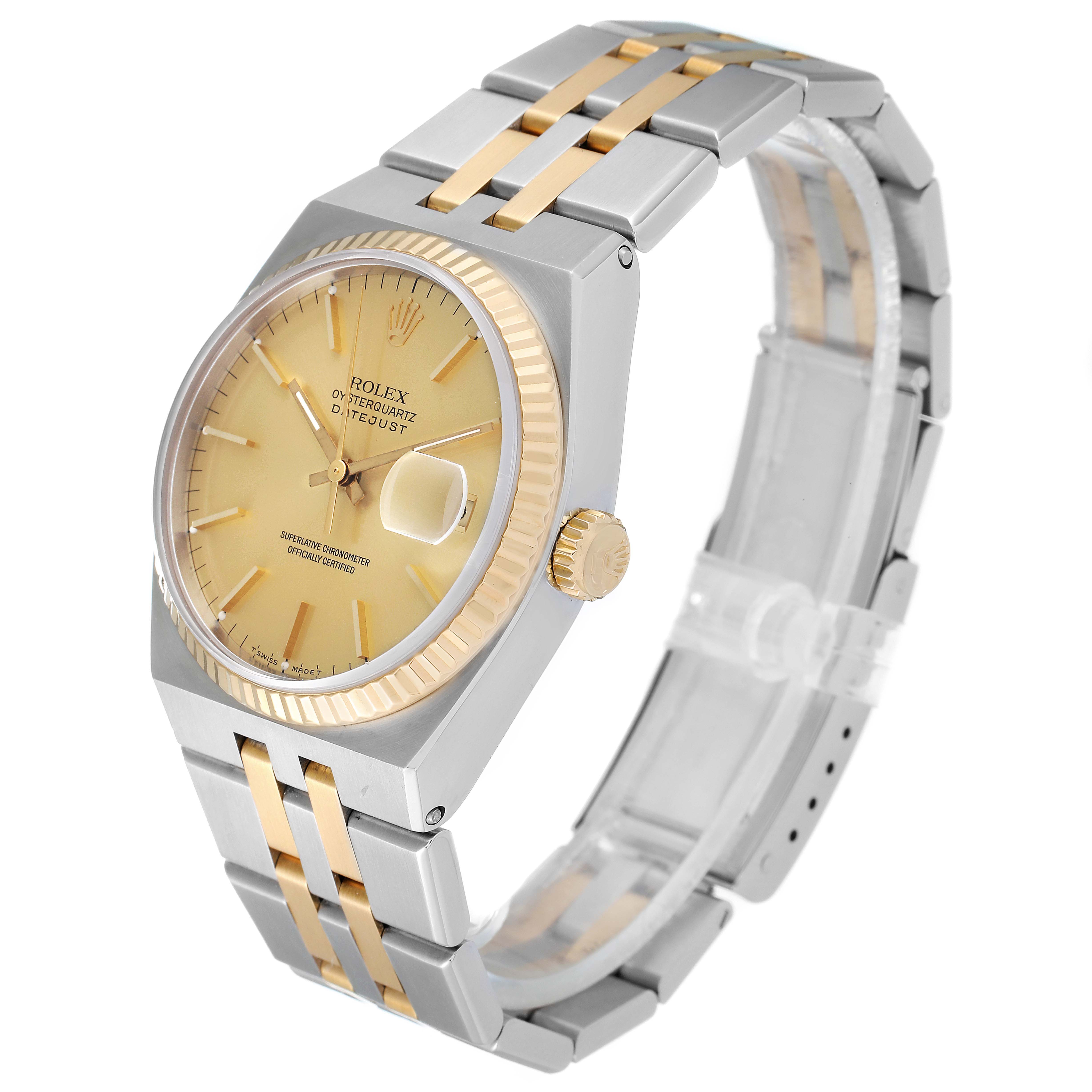 The image shows a Rolex Oysterquartz 17013 Men's Steel and Gold (two tone) Champagne Dial 17013 Men's Steel and Gold (two tone) Champagne Dial watch at a three-quarter angle, highlighting the dial, bezel, and bracelet.