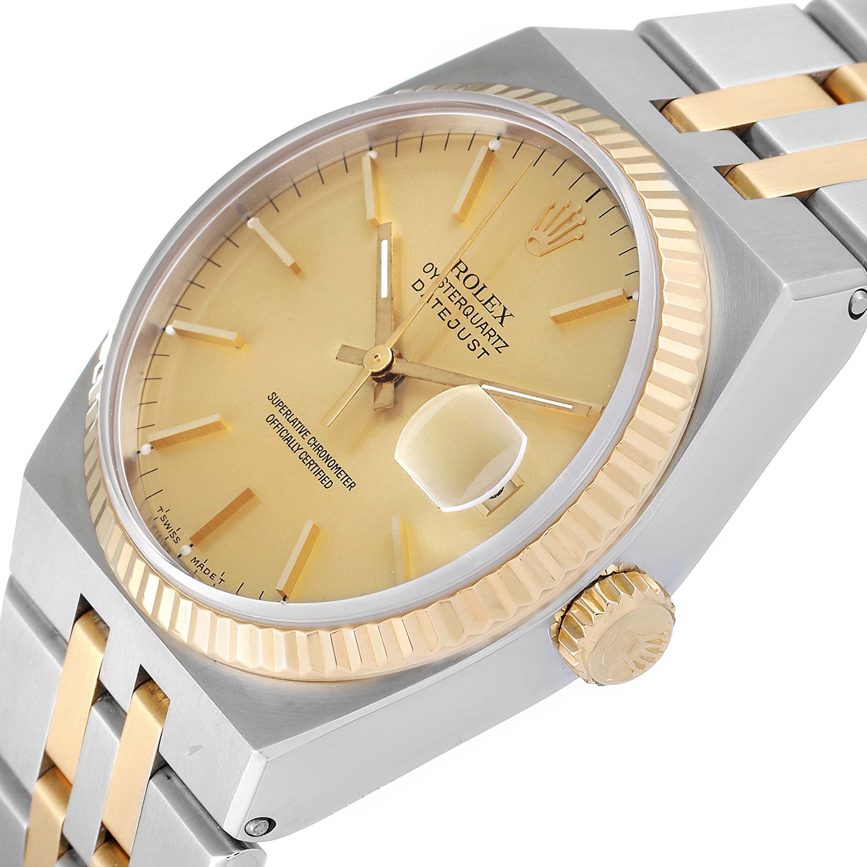 The image shows a close-up side angle of a Rolex Oysterquartz 17013 Men's Steel and Gold (two tone) Champagne Dial 17013 Men's Steel and Gold (two tone) Champagne Dial watch, highlighting the gold dial, fluted bezel, and two-tone bracelet.