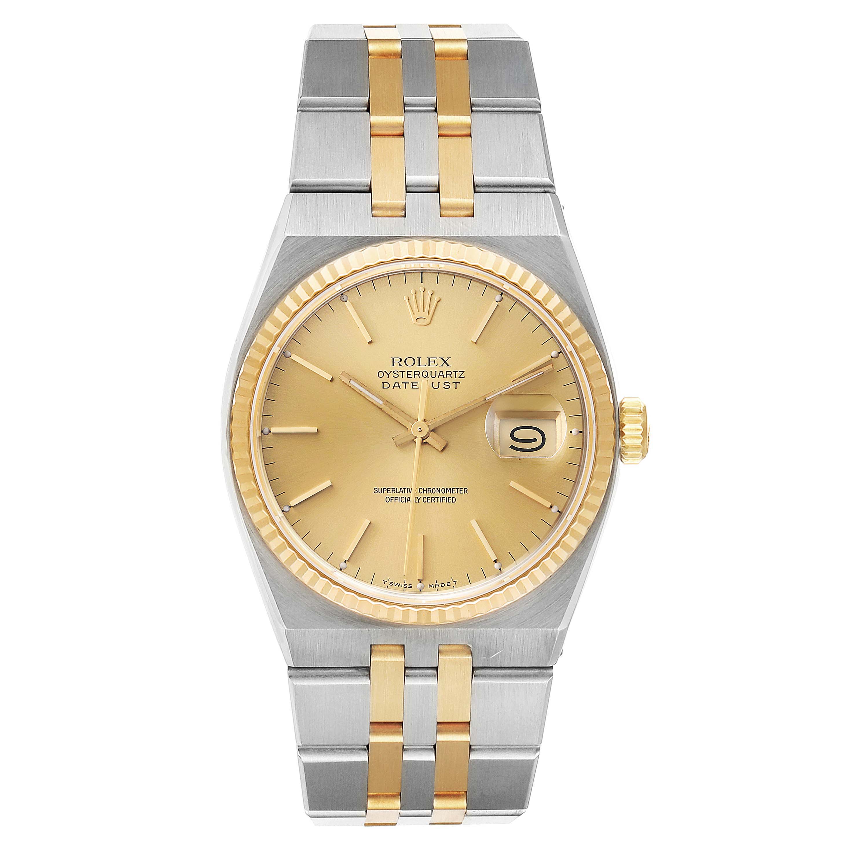 This image shows a frontal view of the Rolex Oysterquartz 17013 Men's Steel and Gold (two tone) Champagne Dial 17013 Men's Steel and Gold (two tone) Champagne Dial Datejust, highlighting its dial, bezel, and bracelet.