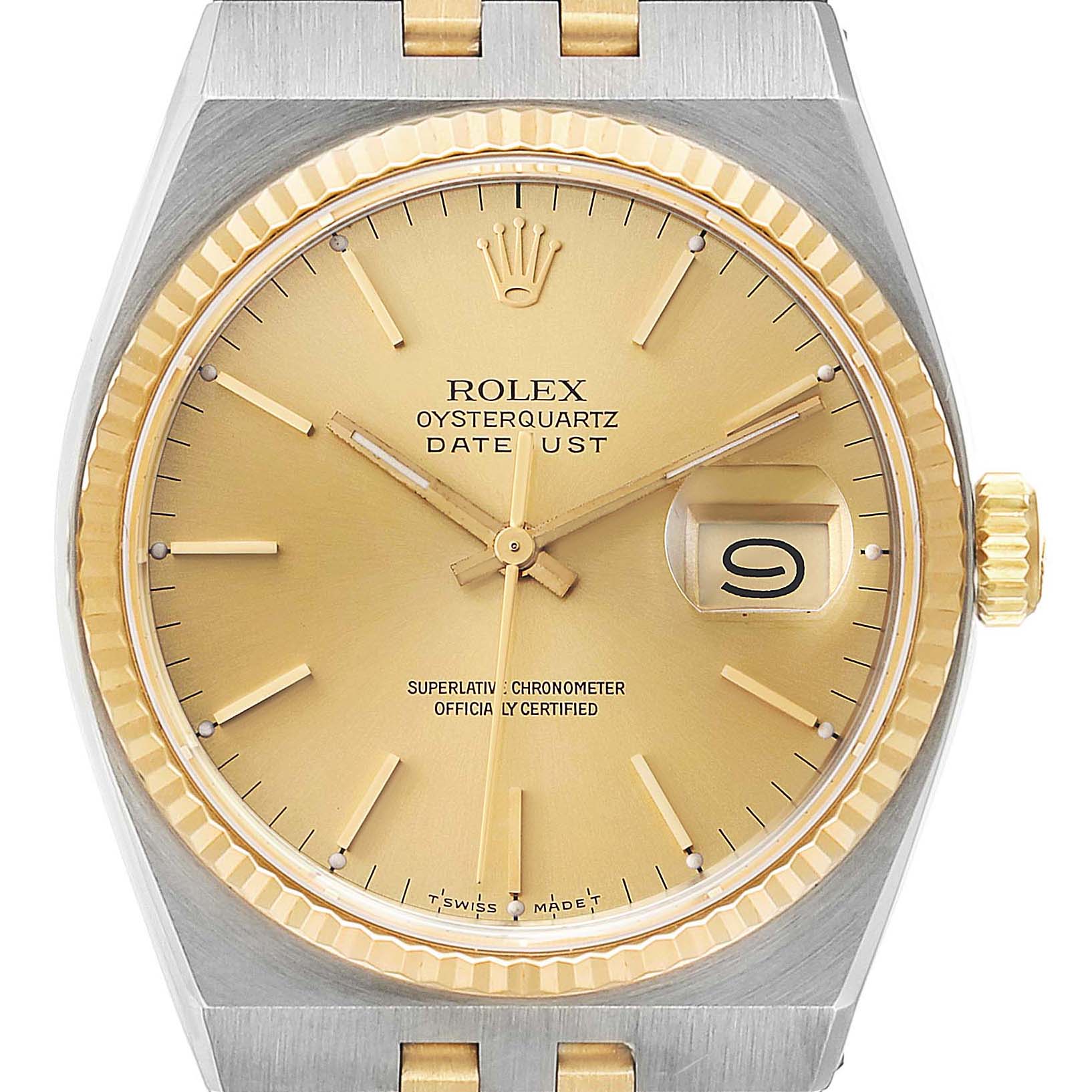 The image shows a front-facing view of a Rolex Oysterquartz 17013 Men's Steel and Gold (two tone) Champagne Dial 17013 Men's Steel and Gold (two tone) Champagne Dial watch, highlighting its dial, hands, date window, and crown.