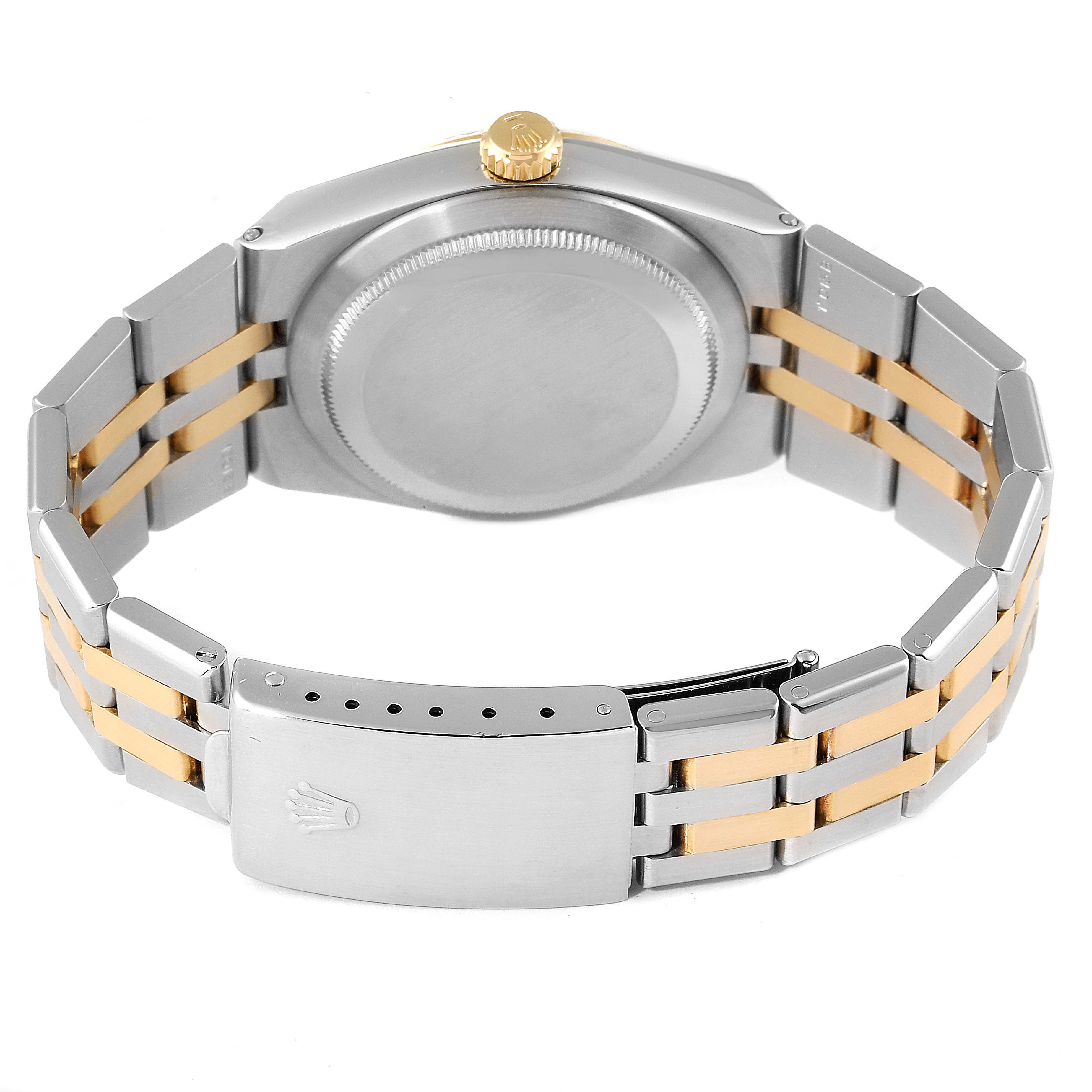 This image shows the back view of the Rolex Oysterquartz 17013 Men's Steel and Gold (two tone) Champagne Dial 17013 Men's Steel and Gold (two tone) Champagne Dial watch, highlighting the bracelet, clasp, case, and crown.