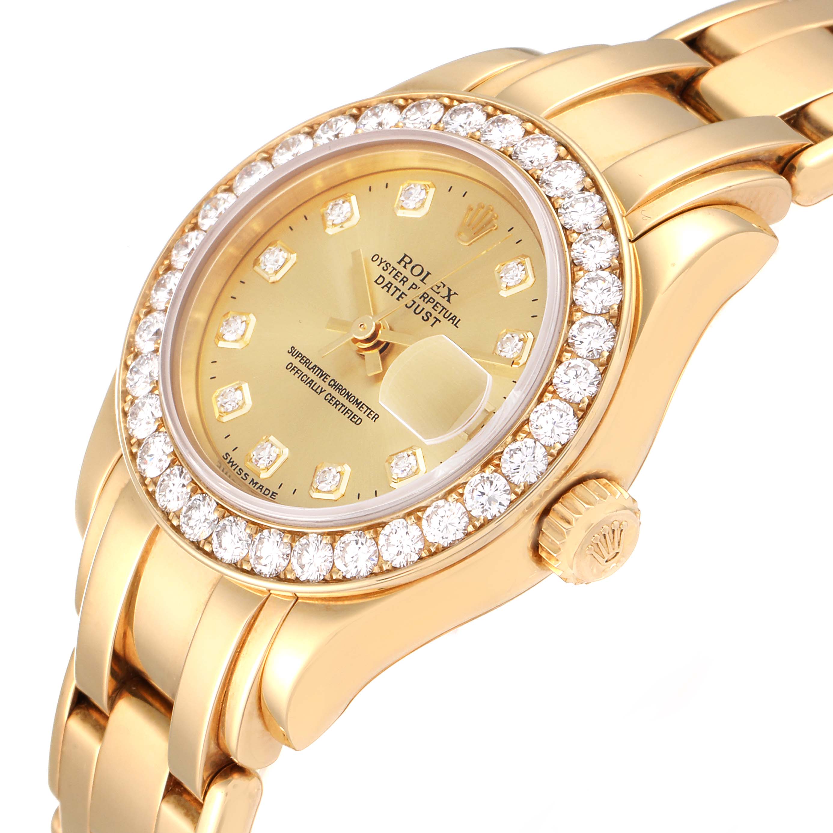 This image shows a close-up angle of the Rolex Pearlmaster 69298 Women's Yellow Gold Champagne Dial 69298 Women's Yellow Gold Champagne Dial watch, featuring its diamond bezel, gold case, dial, and part of the bracelet.