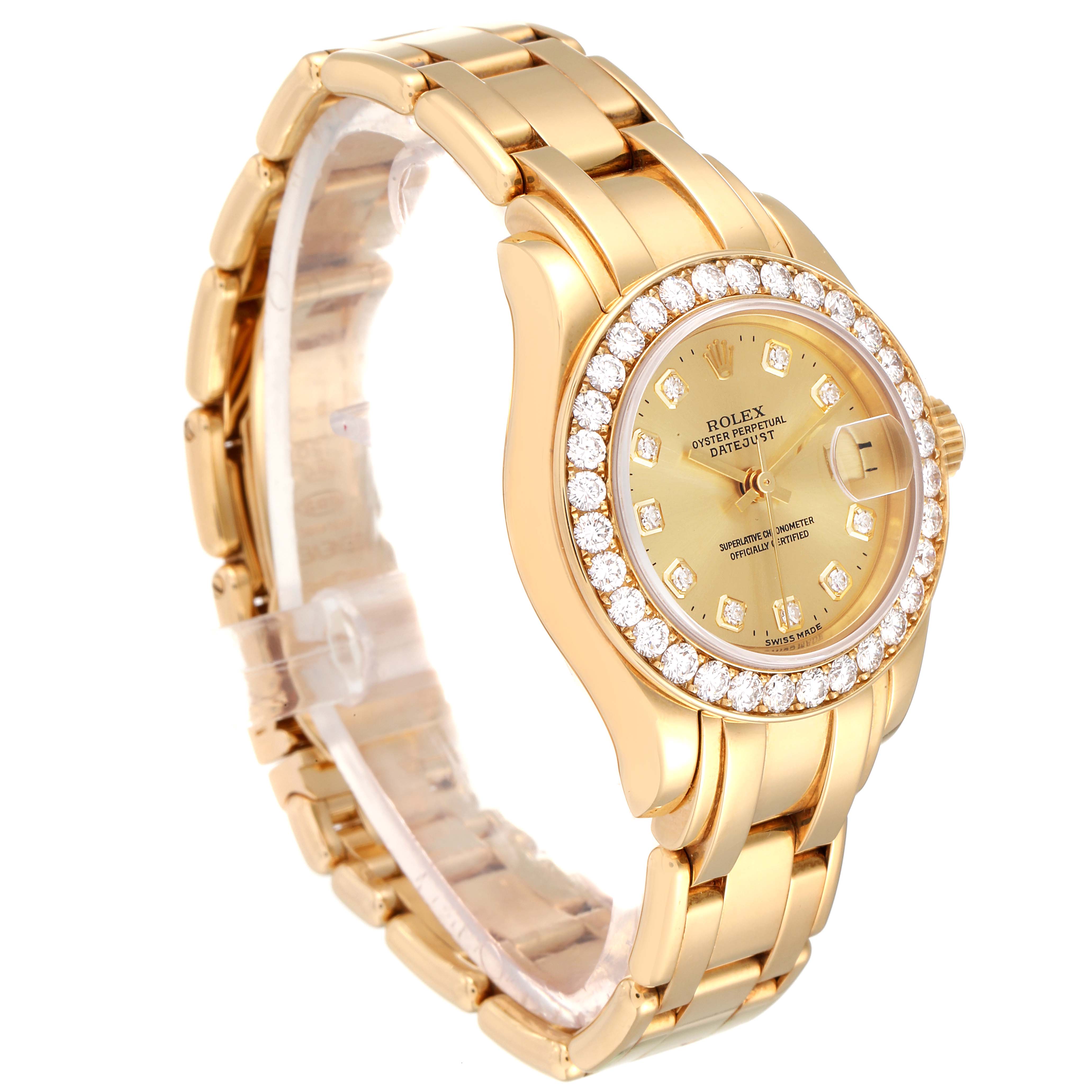 The image shows a side angle of the Rolex Pearlmaster 69298 Women's Yellow Gold Champagne Dial 69298 Women's Yellow Gold Champagne Dial watch, featuring its gold bracelet, diamond bezel, and dial.