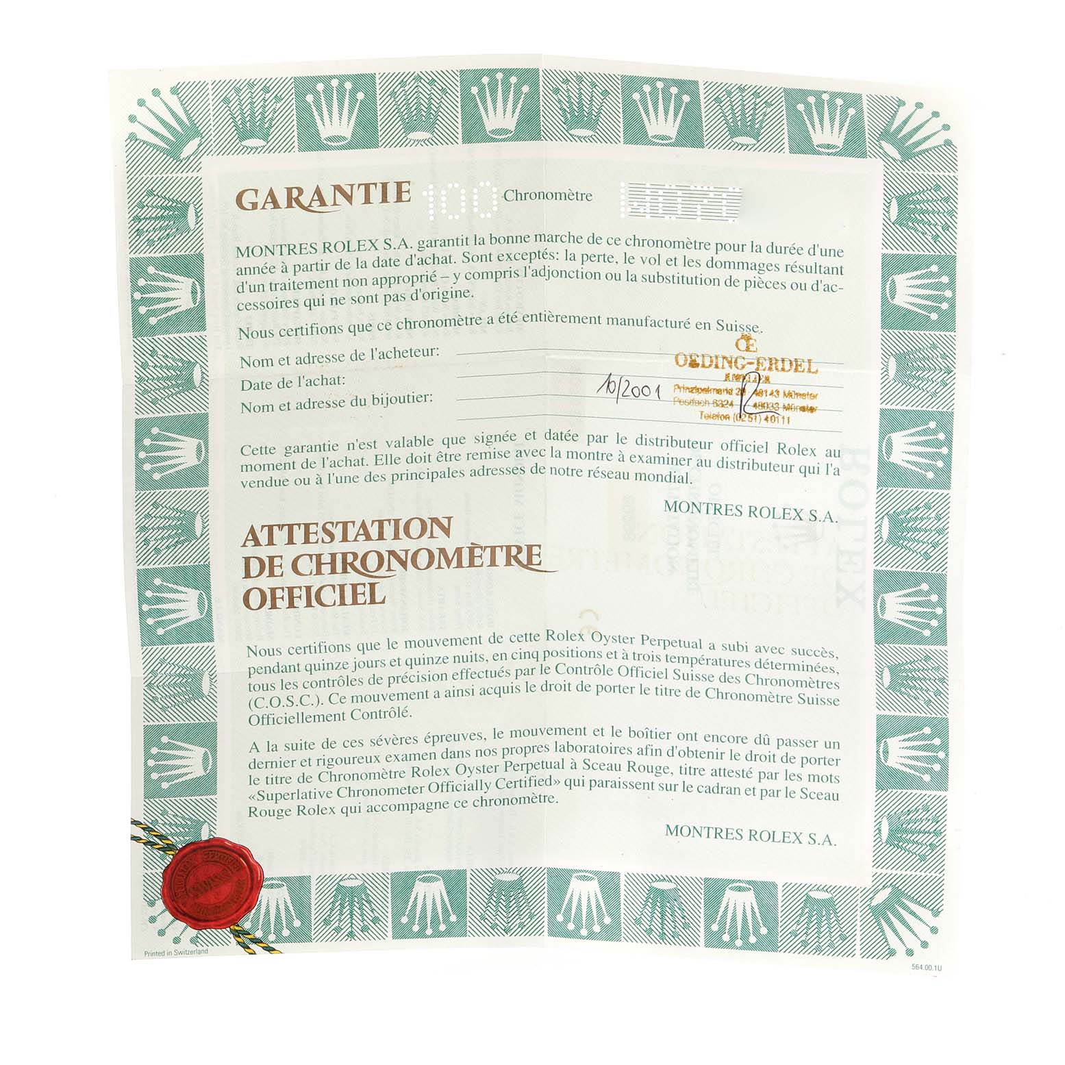 The image shows a certificate of authenticity and warranty for a Rolex Pearlmaster 69298 Women's Yellow Gold Champagne Dial 69298 Women's Yellow Gold Champagne Dial model watch.