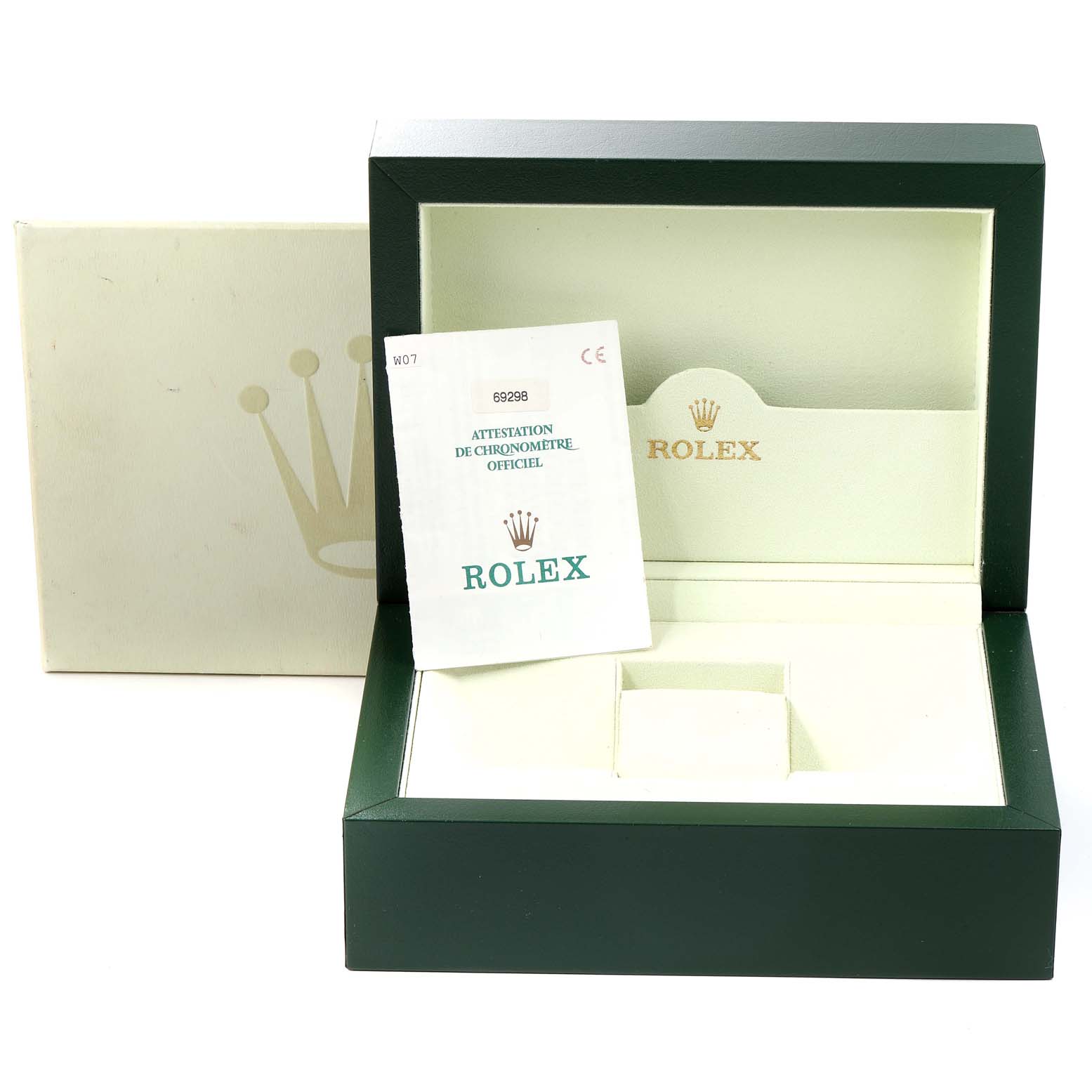 A Rolex Pearlmaster 69298 Women's Yellow Gold Champagne Dial 69298 Women's Yellow Gold Champagne Dial watch box and authentication booklet are shown from a front angle.