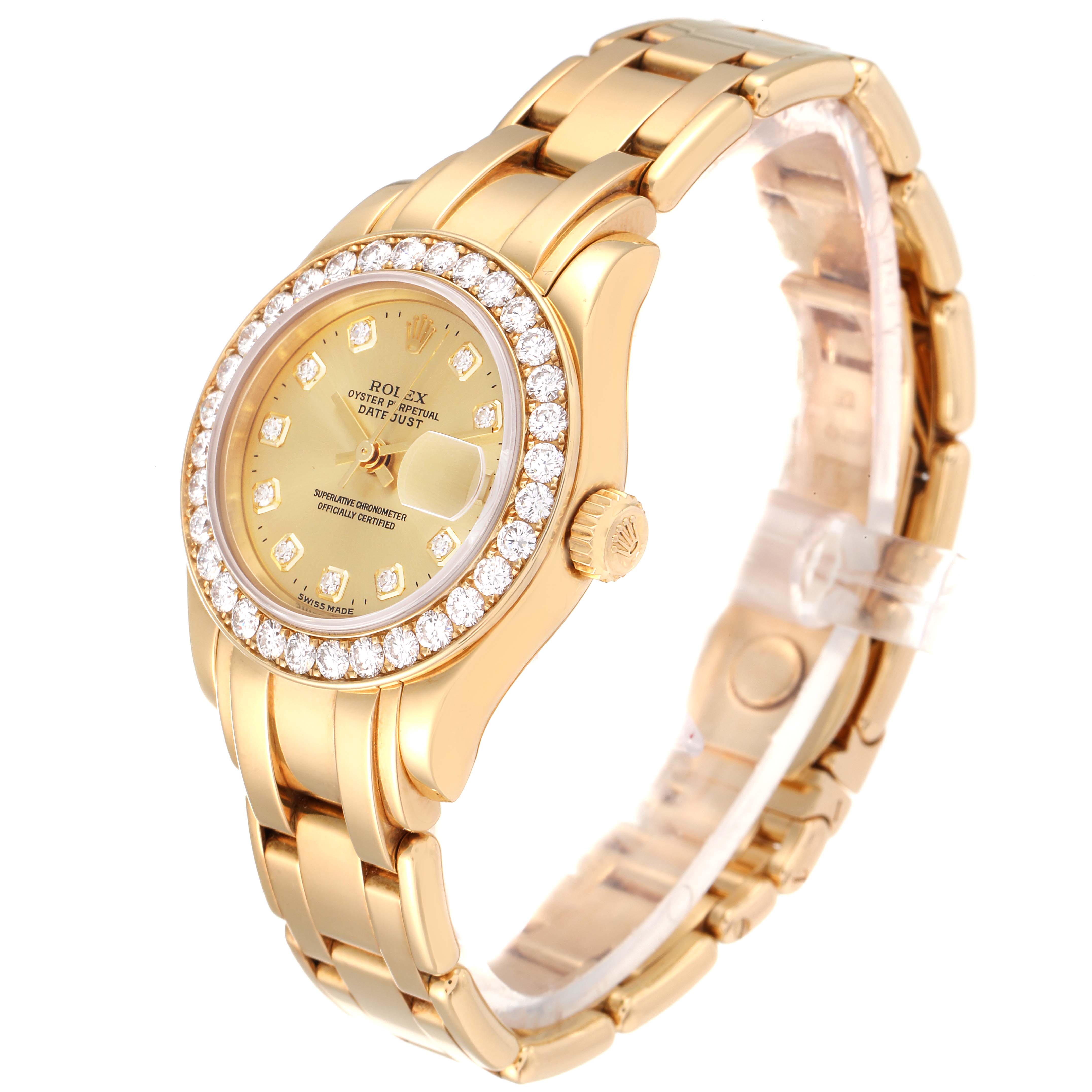 The image shows a Rolex Pearlmaster 69298 Women's Yellow Gold Champagne Dial 69298 Women's Yellow Gold Champagne Dial watch at a slight angle, highlighting its gold body, diamond bezel, and bracelet.