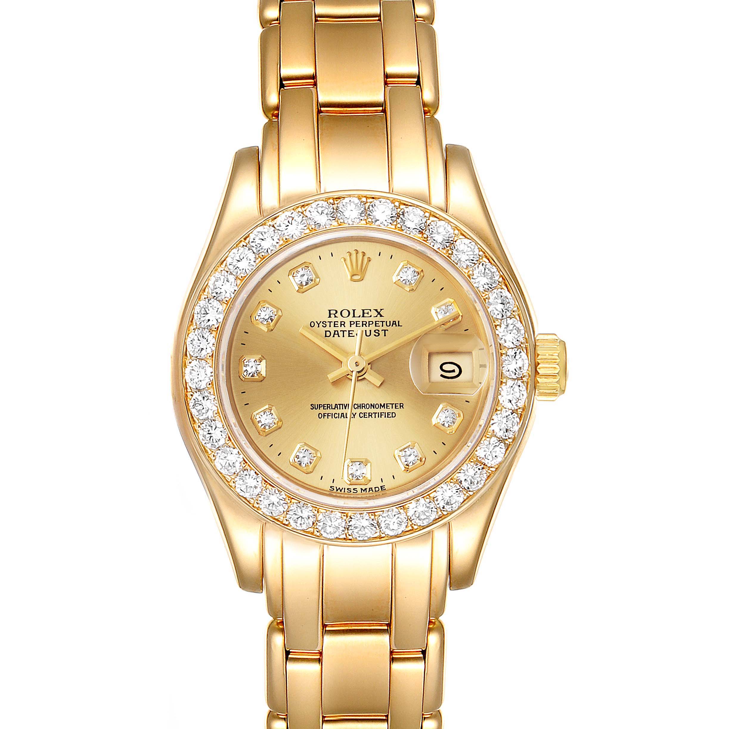The Rolex Pearlmaster 69298 Women's Yellow Gold Champagne Dial 69298 Women's Yellow Gold Champagne Dial watch is shown from a front angle, highlighting the dial, bezel, bracelet, and crown.