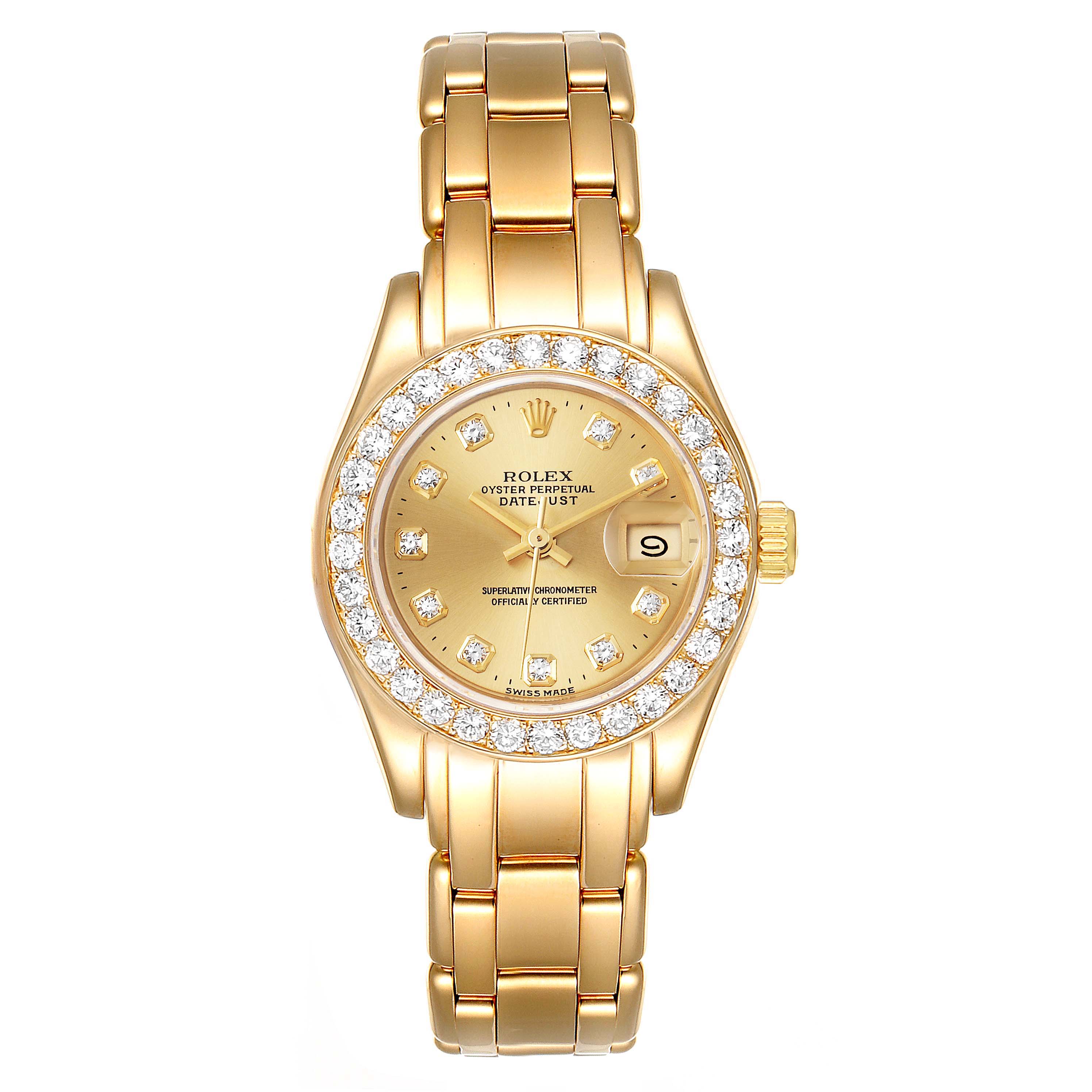 The Rolex Pearlmaster 69298 Women's Yellow Gold Champagne Dial 69298 Women's Yellow Gold Champagne Dial watch is shown from the front, highlighting the gold case, bracelet, and diamond bezel.