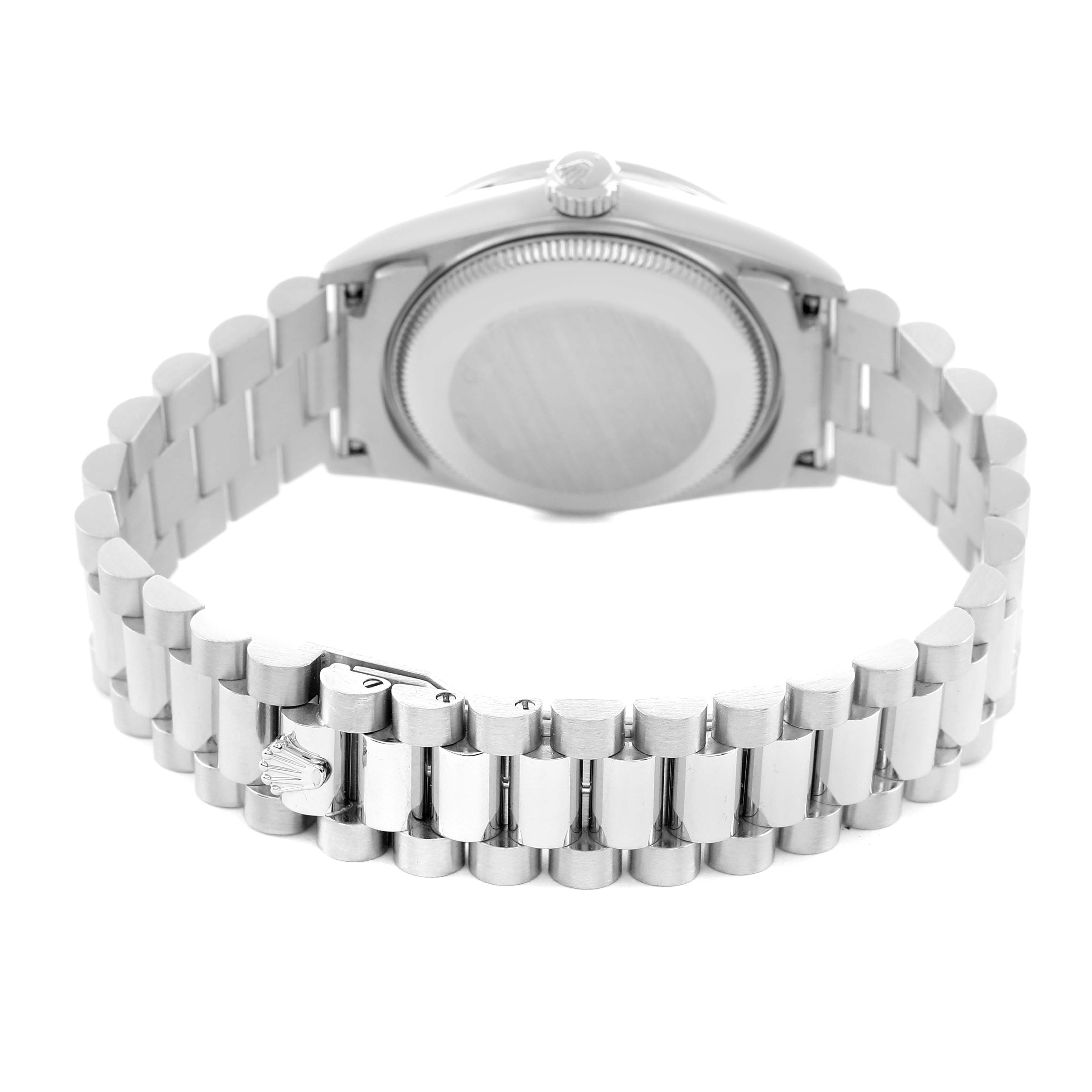 The image shows the back casing and bracelet of the Rolex President 68286 Women's Platinum Silver Dial model, viewed from the rear.