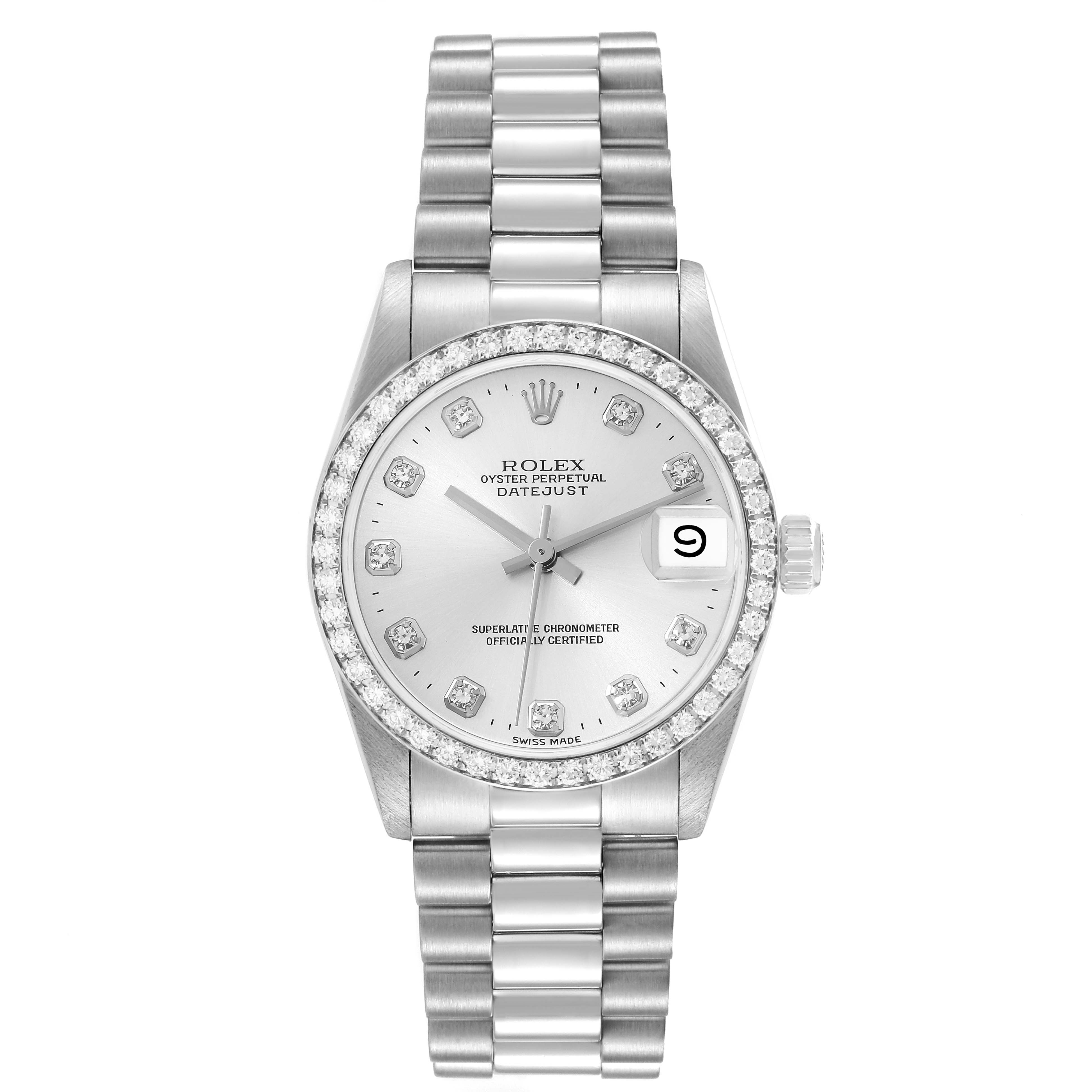 The Rolex President 68286 Women's Platinum Silver Dial model is shown from a top-down angle, highlighting the dial, bezel, and bracelet.