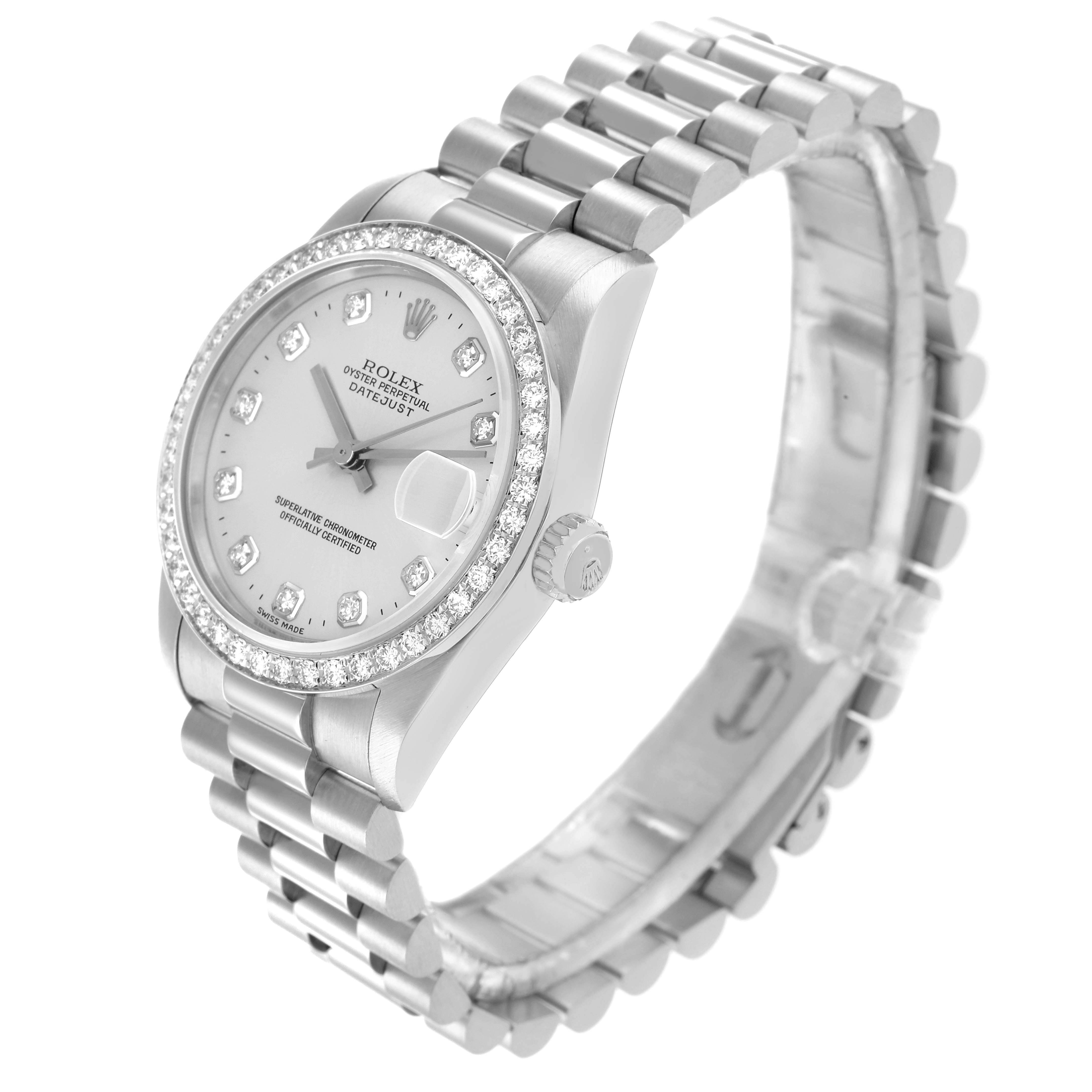 The Rolex President 68286 Women's Platinum Silver Dial model is shown at a slight angle, highlighting the bracelet, bezel, and dial with diamond hour markers.