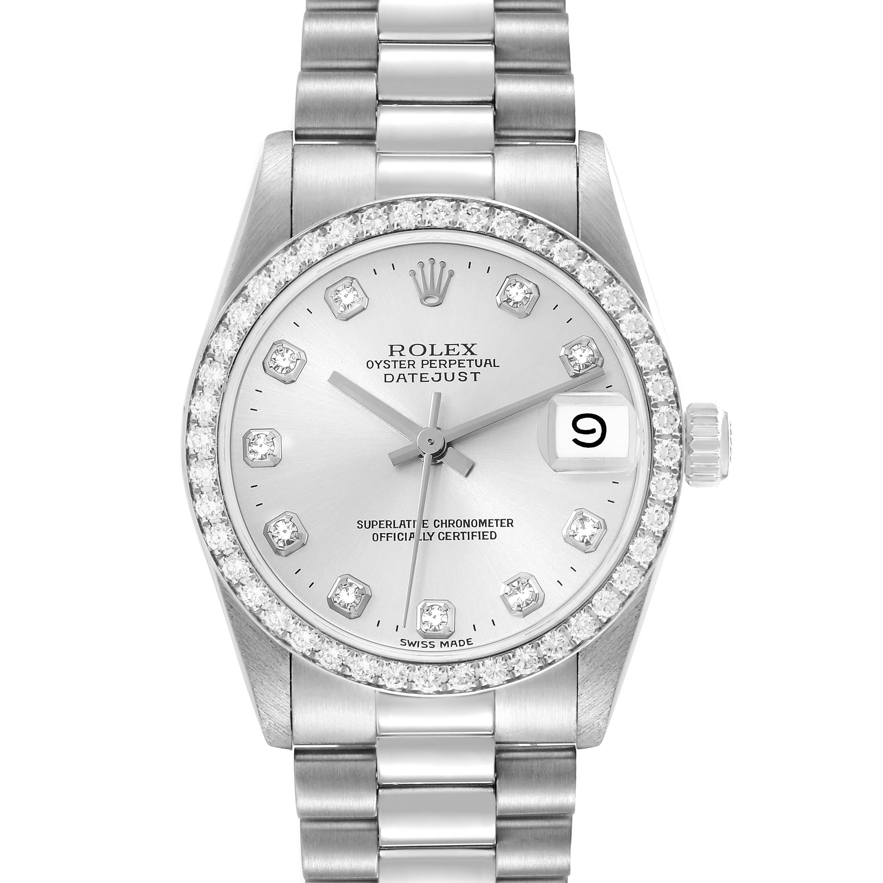 The Rolex President 68286 Women's Platinum Silver Dial model is shown from a front angle, highlighting the dial, bezel, date window, and bracelet.