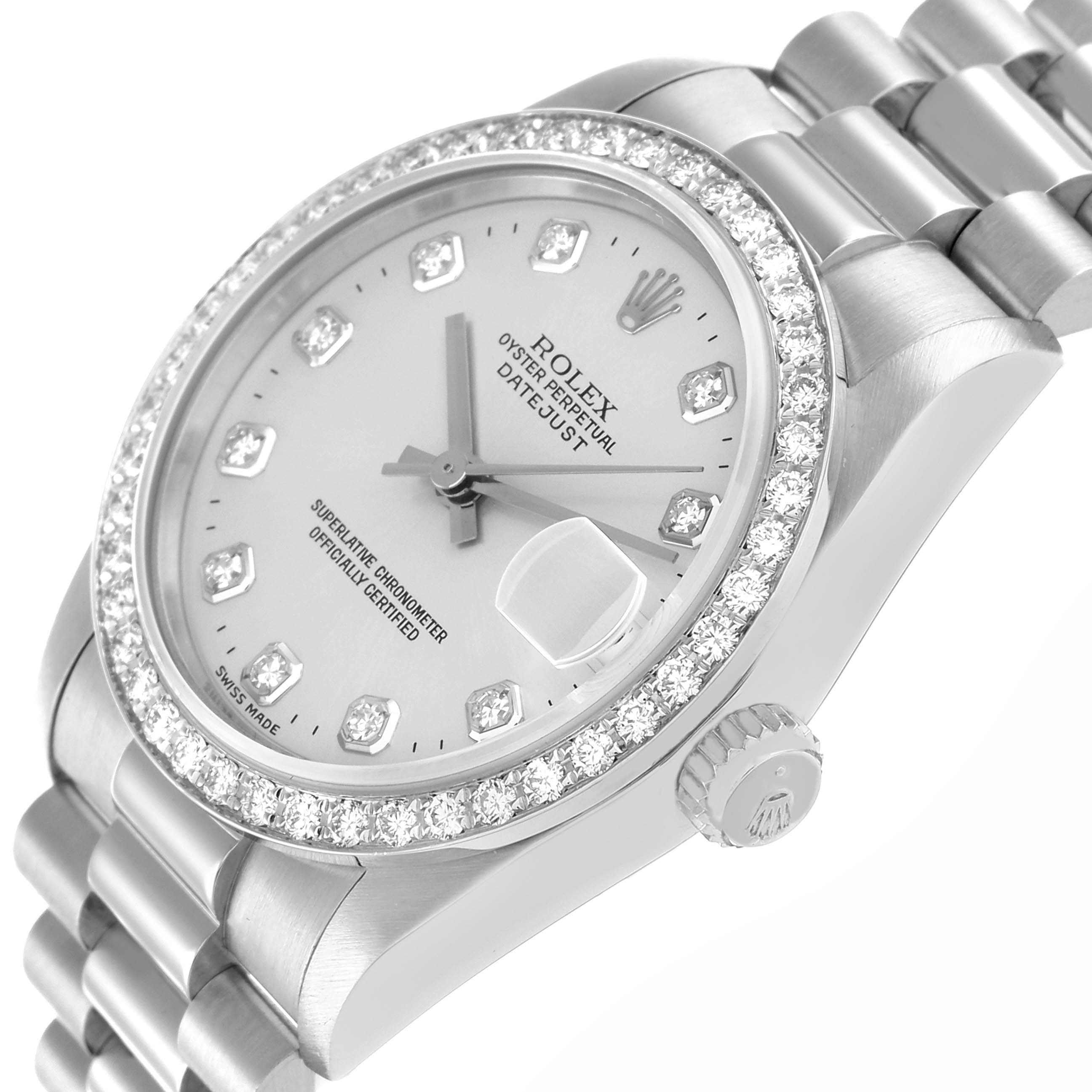 The Rolex President 68286 Women's Platinum Silver Dial model watch is shown at an angled view, displaying the dial, bezel, crown, and bracelet.