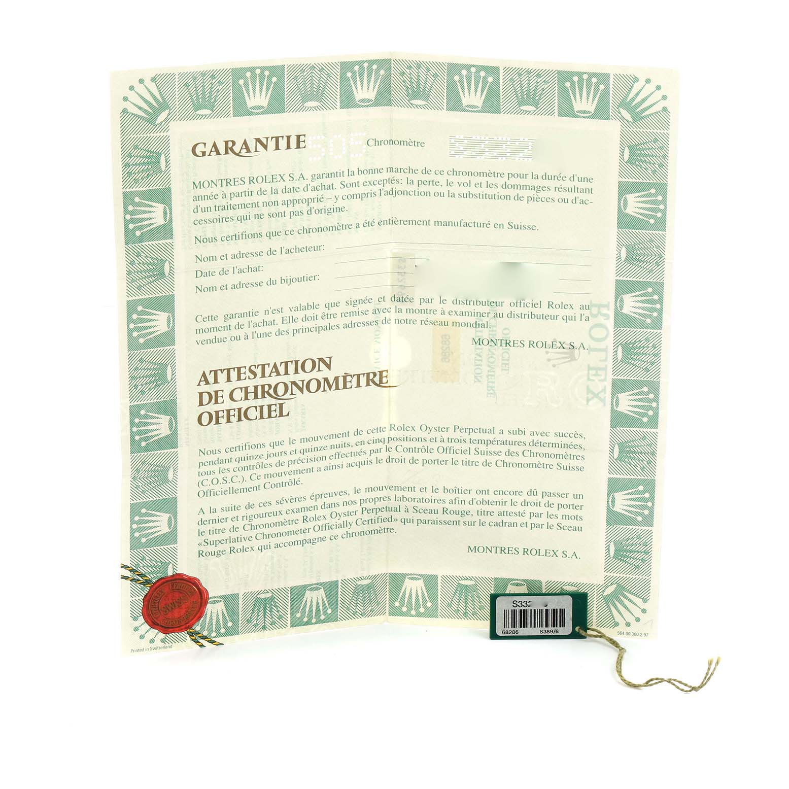 The image shows a Rolex President 68286 Women's Platinum Silver Dial model warranty certificate with a green and white border, featuring text and a wax seal.