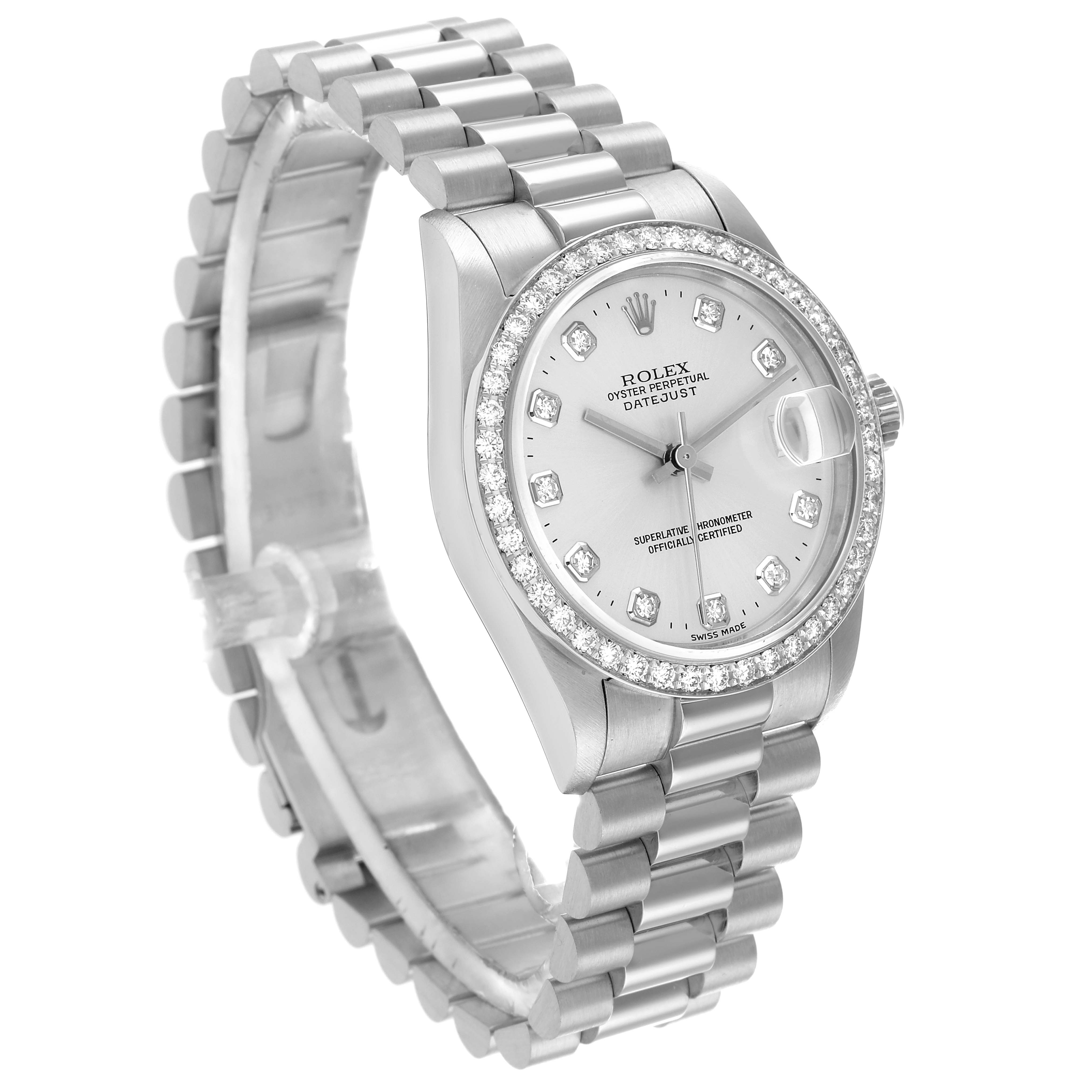 The Rolex President 68286 Women's Platinum Silver Dial model watch is shown at an angled view, highlighting the face, bezel, and part of the bracelet.