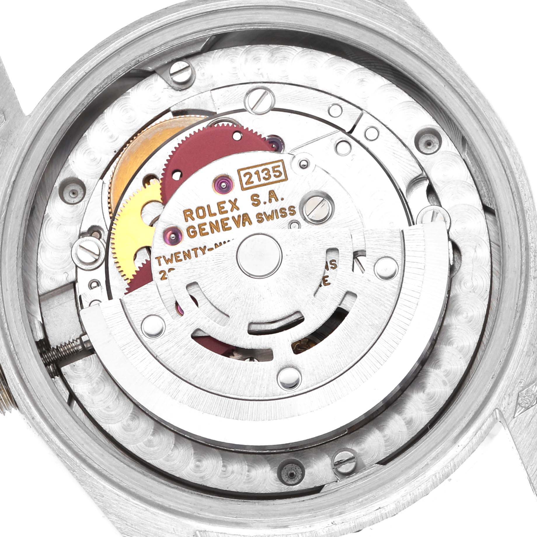 The image shows the movement of a Rolex President 68286 Women's Platinum Silver Dial model, highlighting gears and internal components from the back angle.