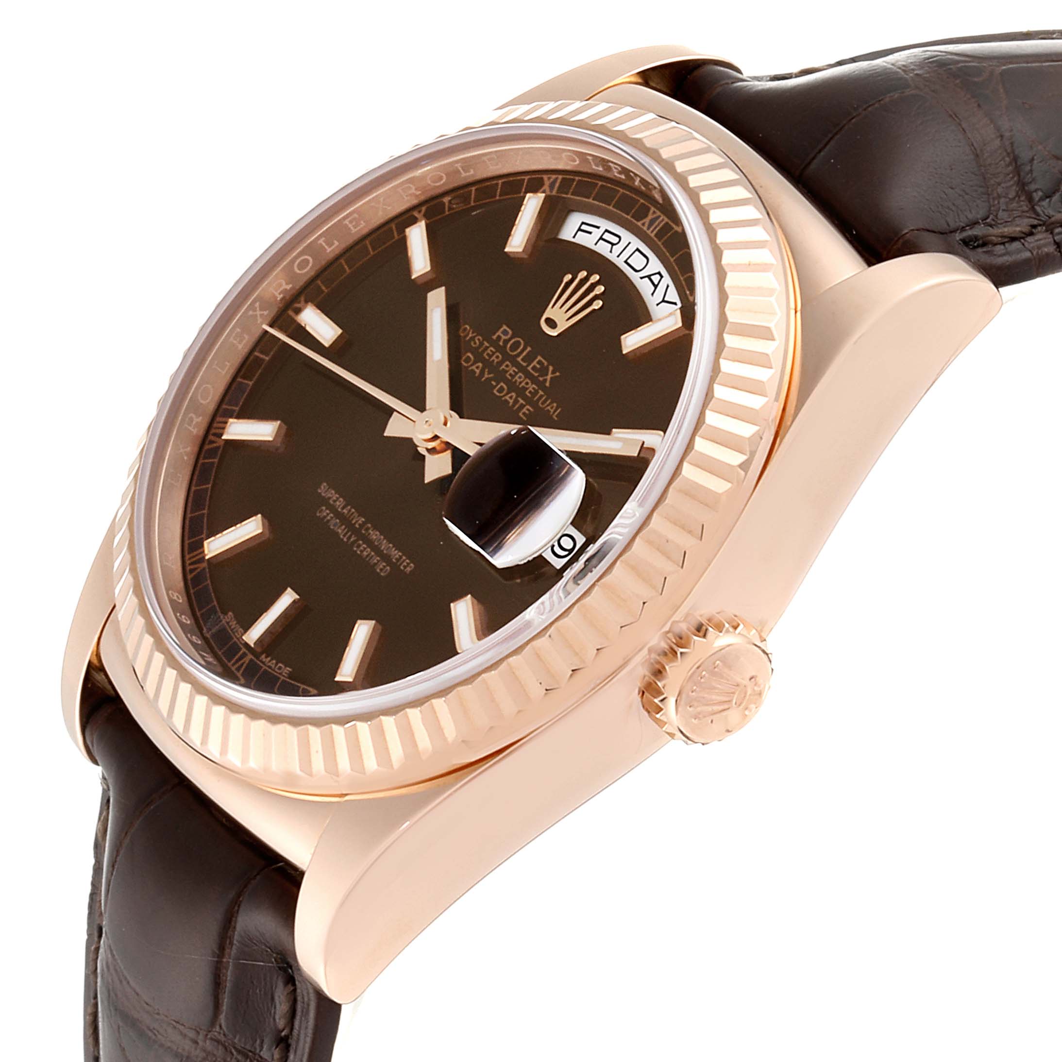 This image shows a side view of the Rolex President 118135 Men's Rose Gold Brown Dial 118135 Men's Rose Gold Brown Dial model, highlighting the brown dial, fluted bezel, crown, and leather strap.