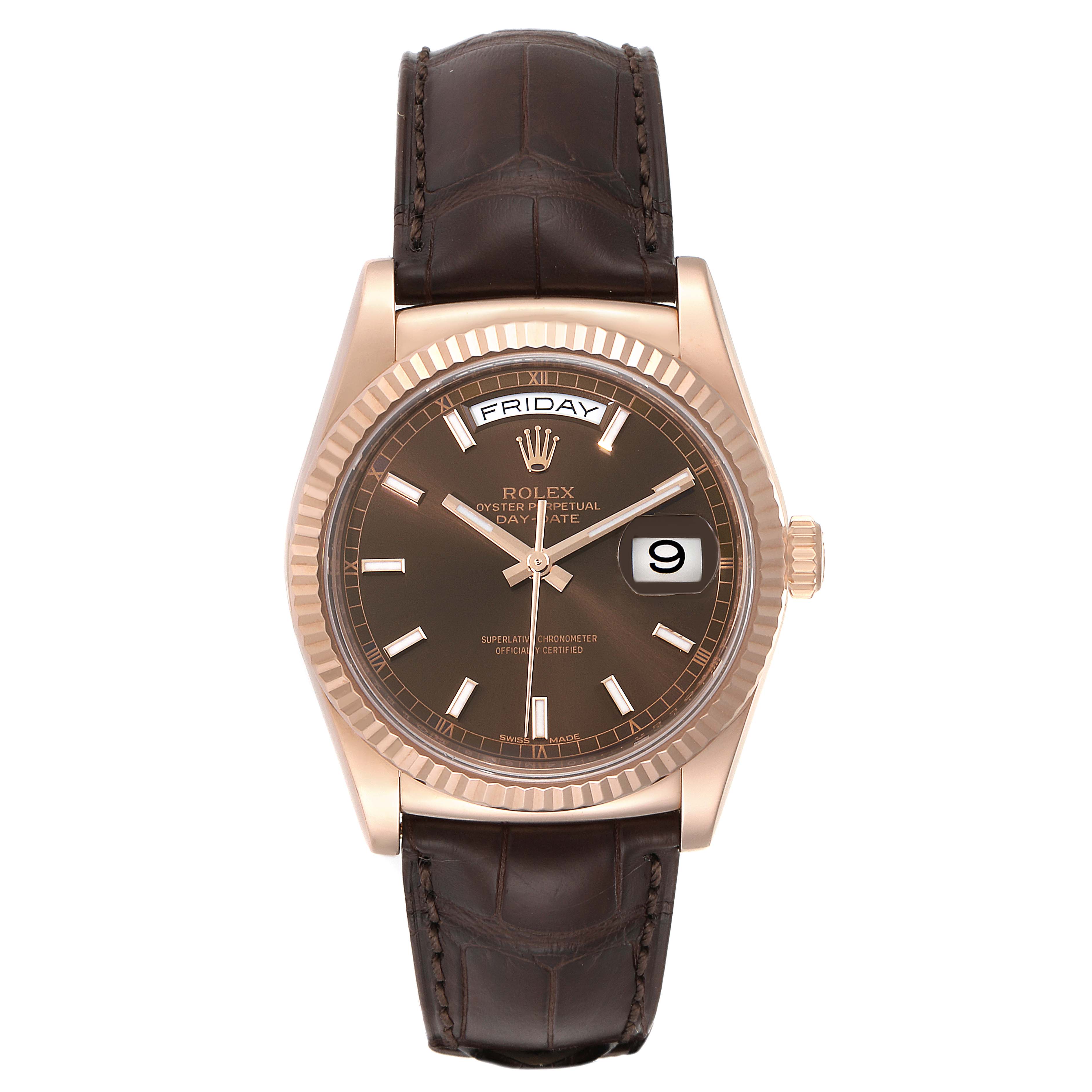 The image shows a frontal view of a Rolex President 118135 Men's Rose Gold Brown Dial 118135 Men's Rose Gold Brown Dial model watch, displaying the dial, bezel, crown, and leather strap.