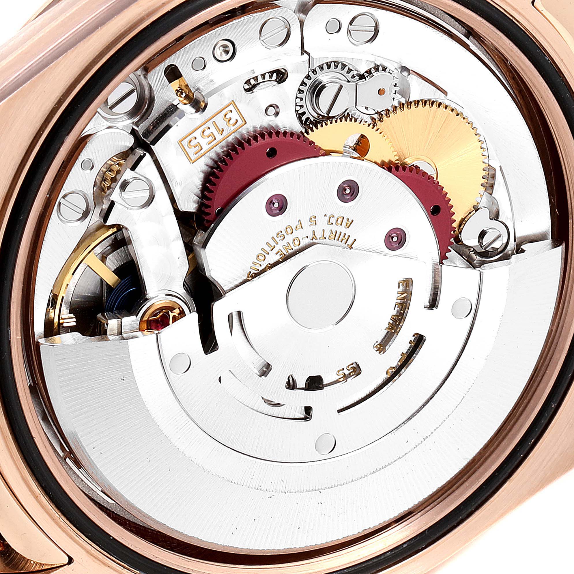 This is a close-up view of the movement mechanism inside a Rolex President 118135 Men's Rose Gold Brown Dial 118135 Men's Rose Gold Brown Dial model watch.
