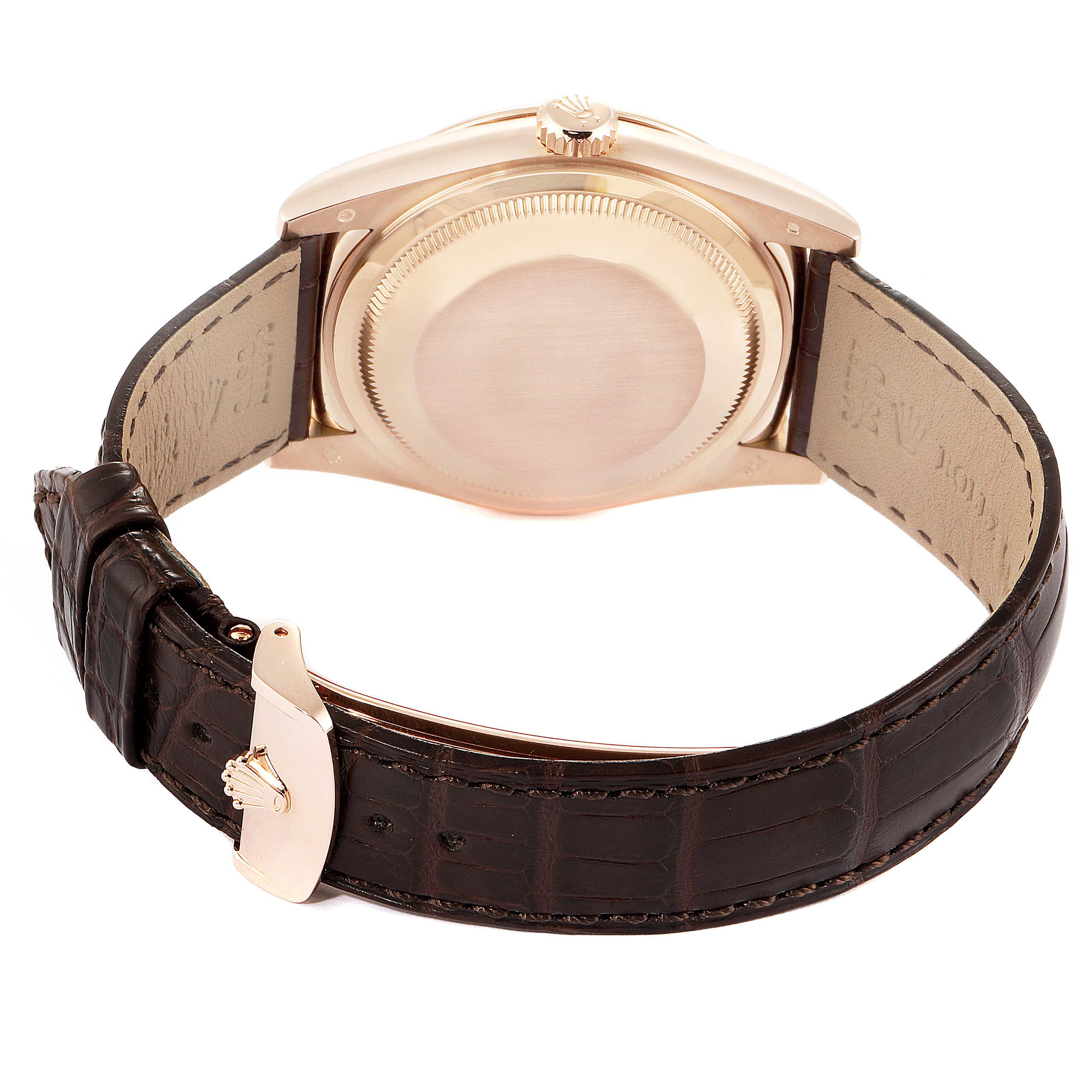 The image shows the back case and clasp of a Rolex President 118135 Men's Rose Gold Brown Dial 118135 Men's Rose Gold Brown Dial model watch.