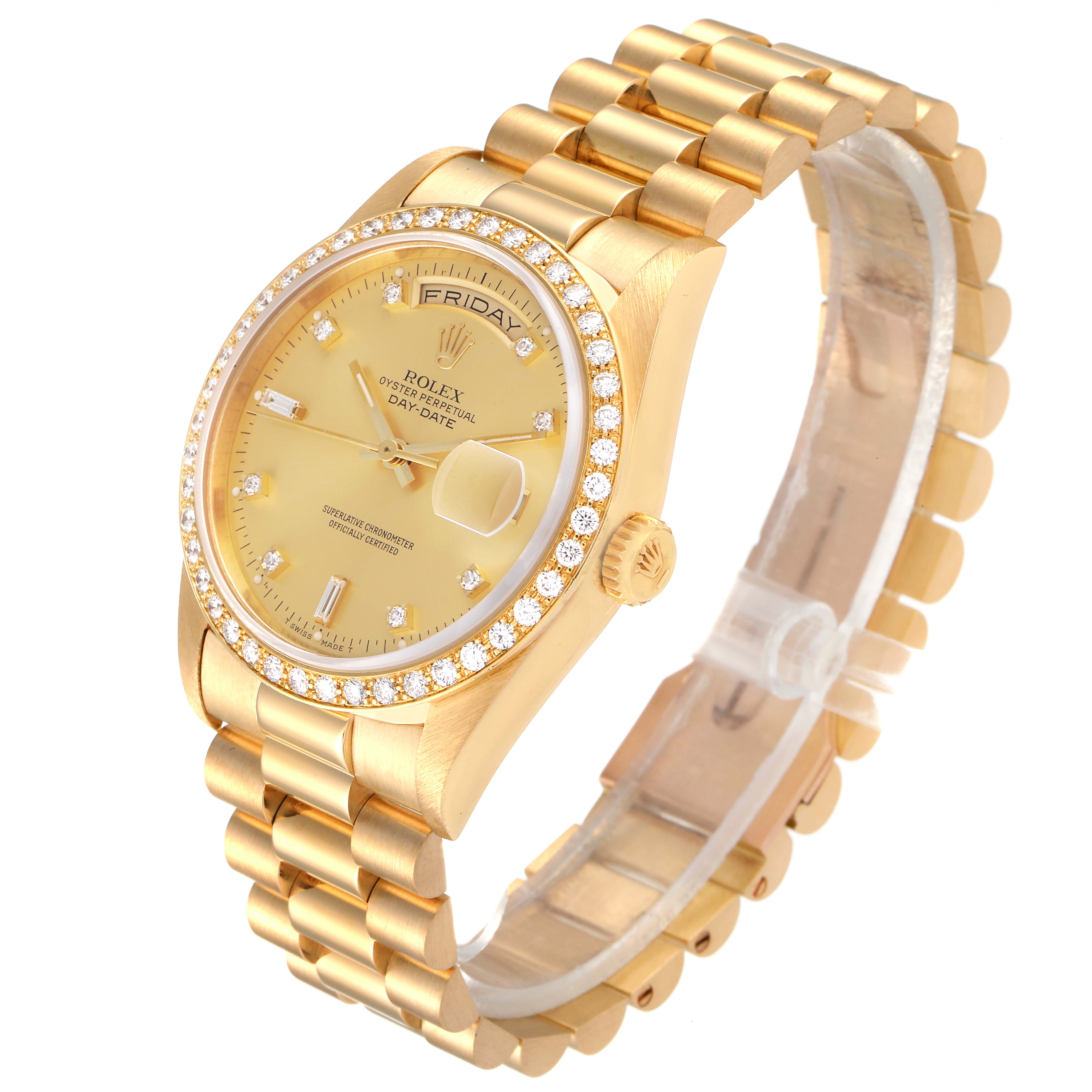 The image shows a gold Rolex President 18348 Men's Stainless Steel Champagne Dial 18348 Men's Stainless Steel Champagne Dial model watch at a slight angle, highlighting its bezel, dial, bracelet, and crown.