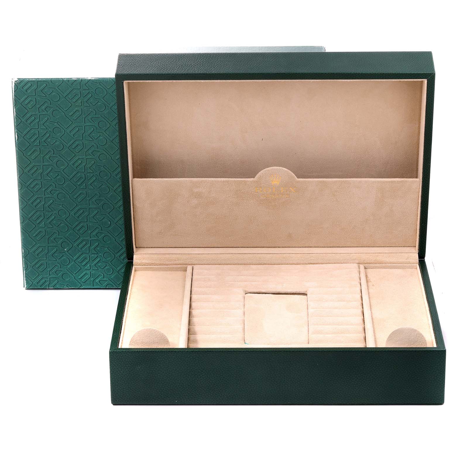 The image shows an open green and beige box for a Rolex President 18348 Men's Stainless Steel Champagne Dial 18348 Men's Stainless Steel Champagne Dial model watch, viewed from the front.