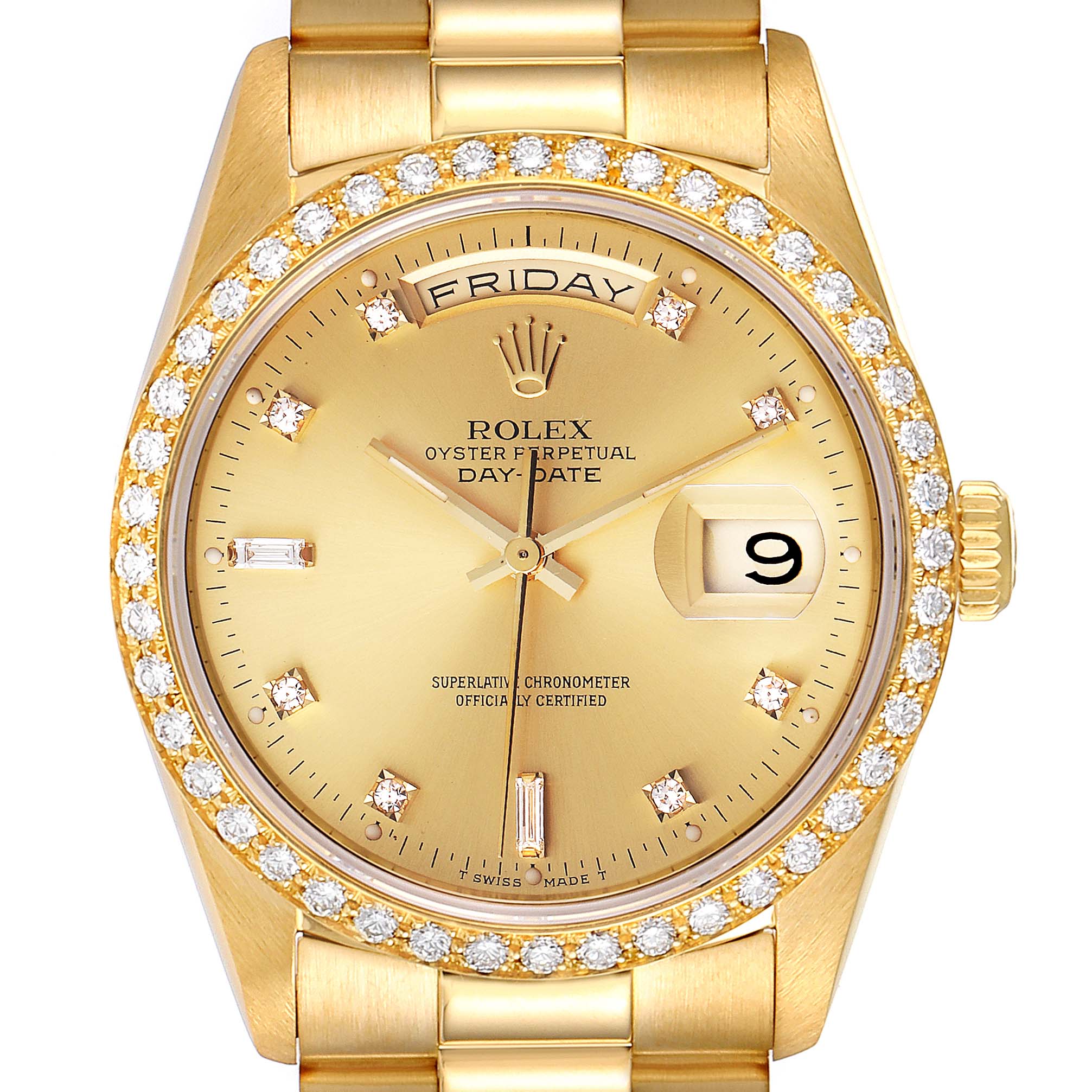 The image shows a close-up of the Rolex President 18348 Men's Stainless Steel Champagne Dial 18348 Men's Stainless Steel Champagne Dial model watch face, highlighting the bezel, dial, hands, and date window.