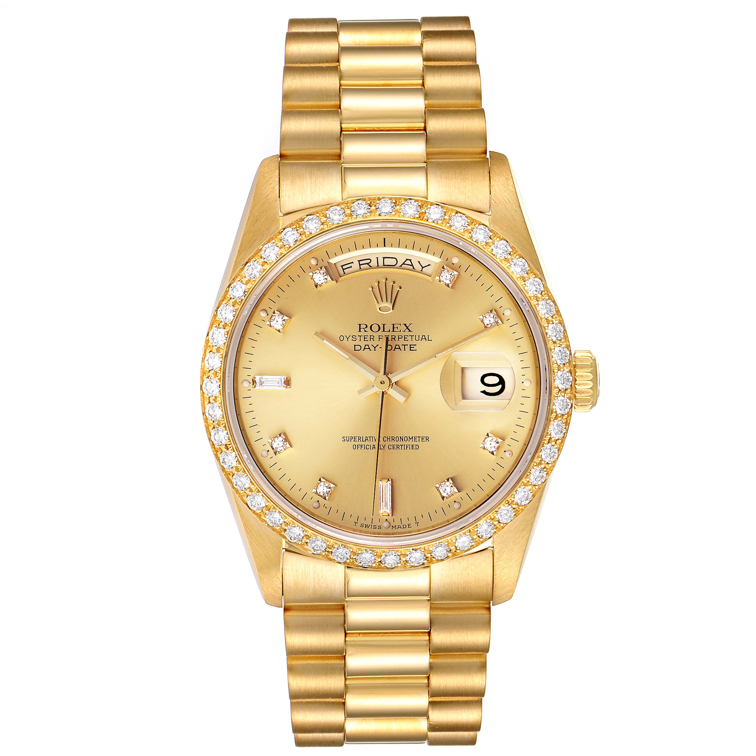 The image shows a frontal view of a Rolex President 18348 Men's Stainless Steel Champagne Dial 18348 Men's Stainless Steel Champagne Dial model watch, displaying the face, bezel, and bracelet.