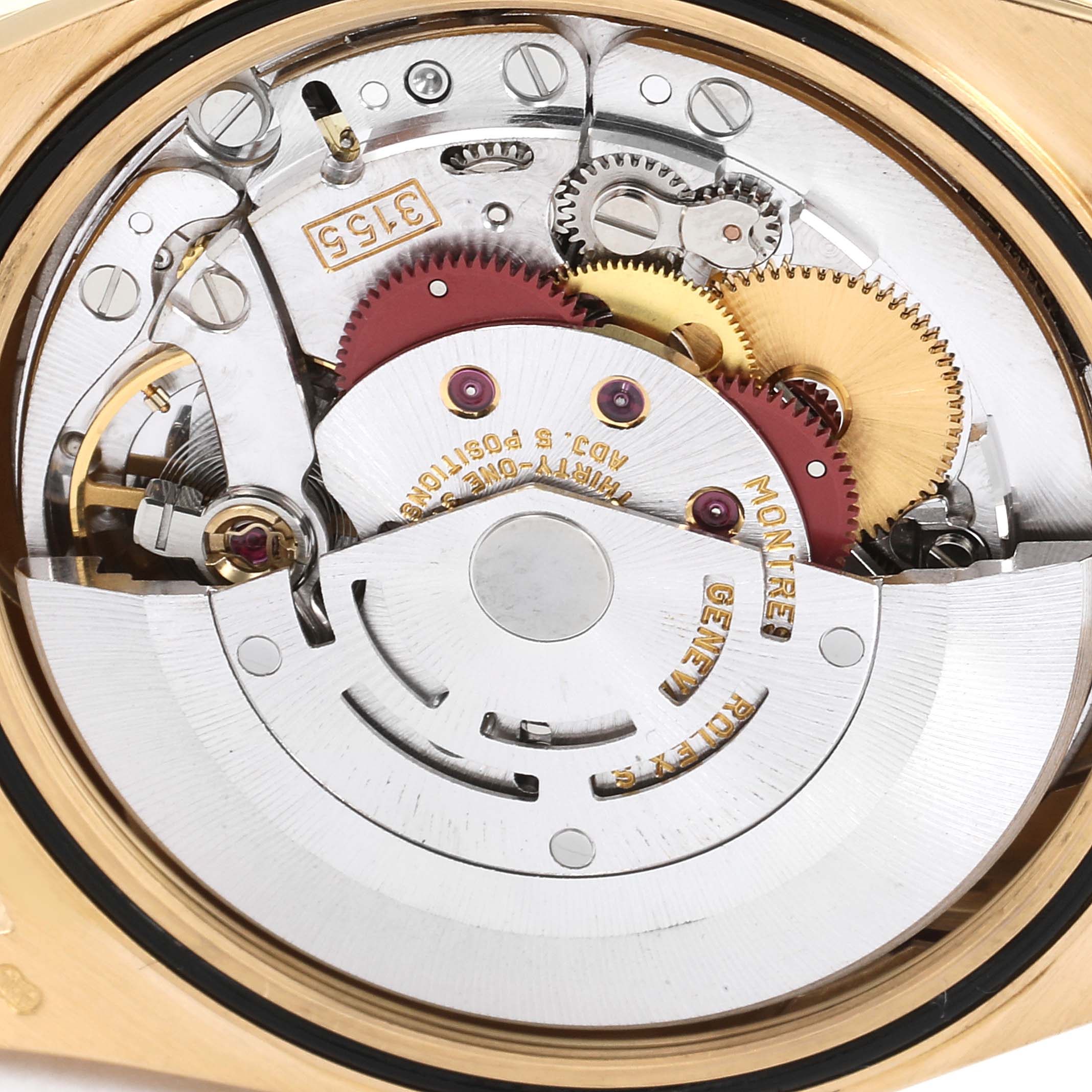 This image shows the inner movement mechanism of a Rolex President 18348 Men's Stainless Steel Champagne Dial 18348 Men's Stainless Steel Champagne Dial model watch from a close-up angle.