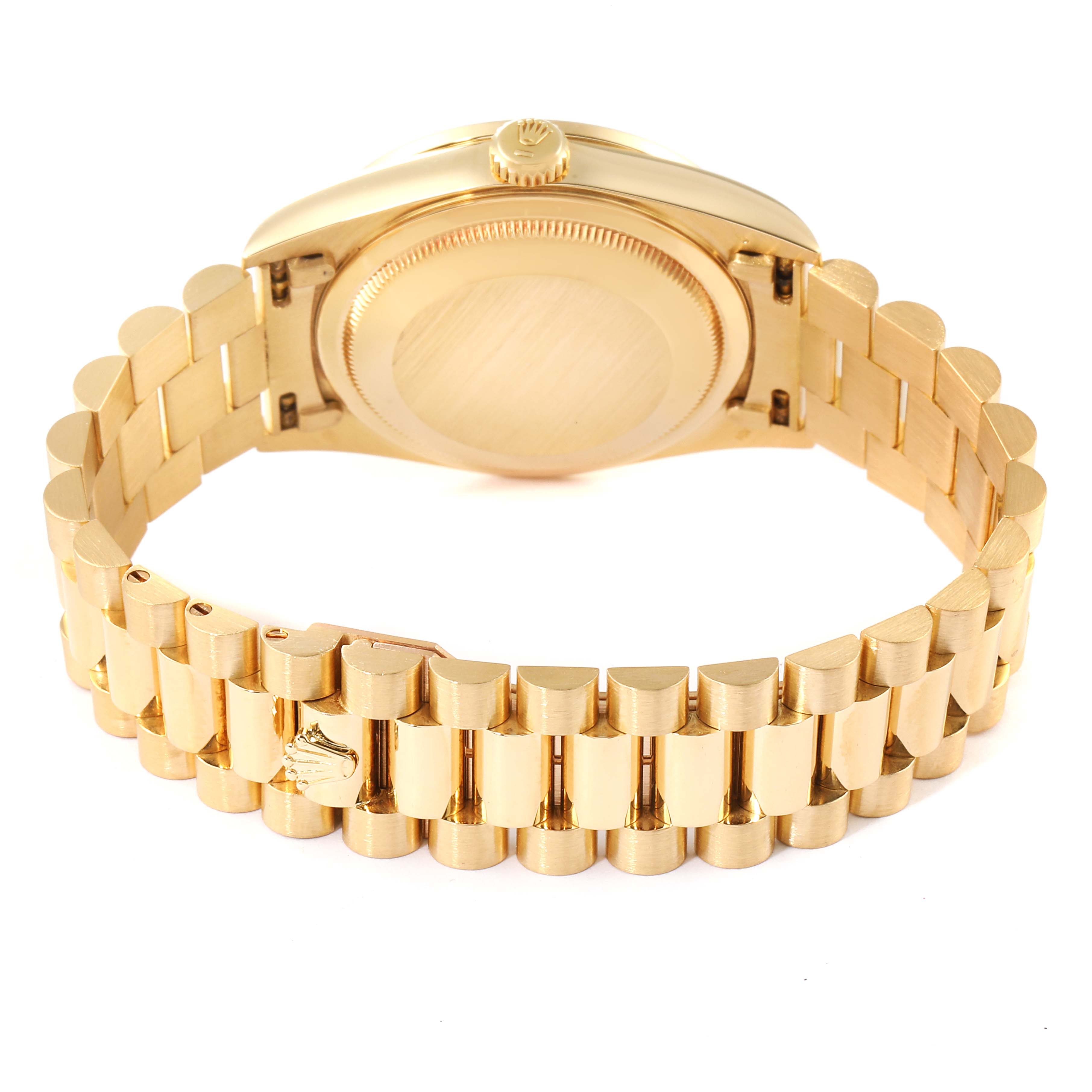 The image shows the back view and bracelet of a Rolex President 18348 Men's Stainless Steel Champagne Dial 18348 Men's Stainless Steel Champagne Dial model watch in gold.