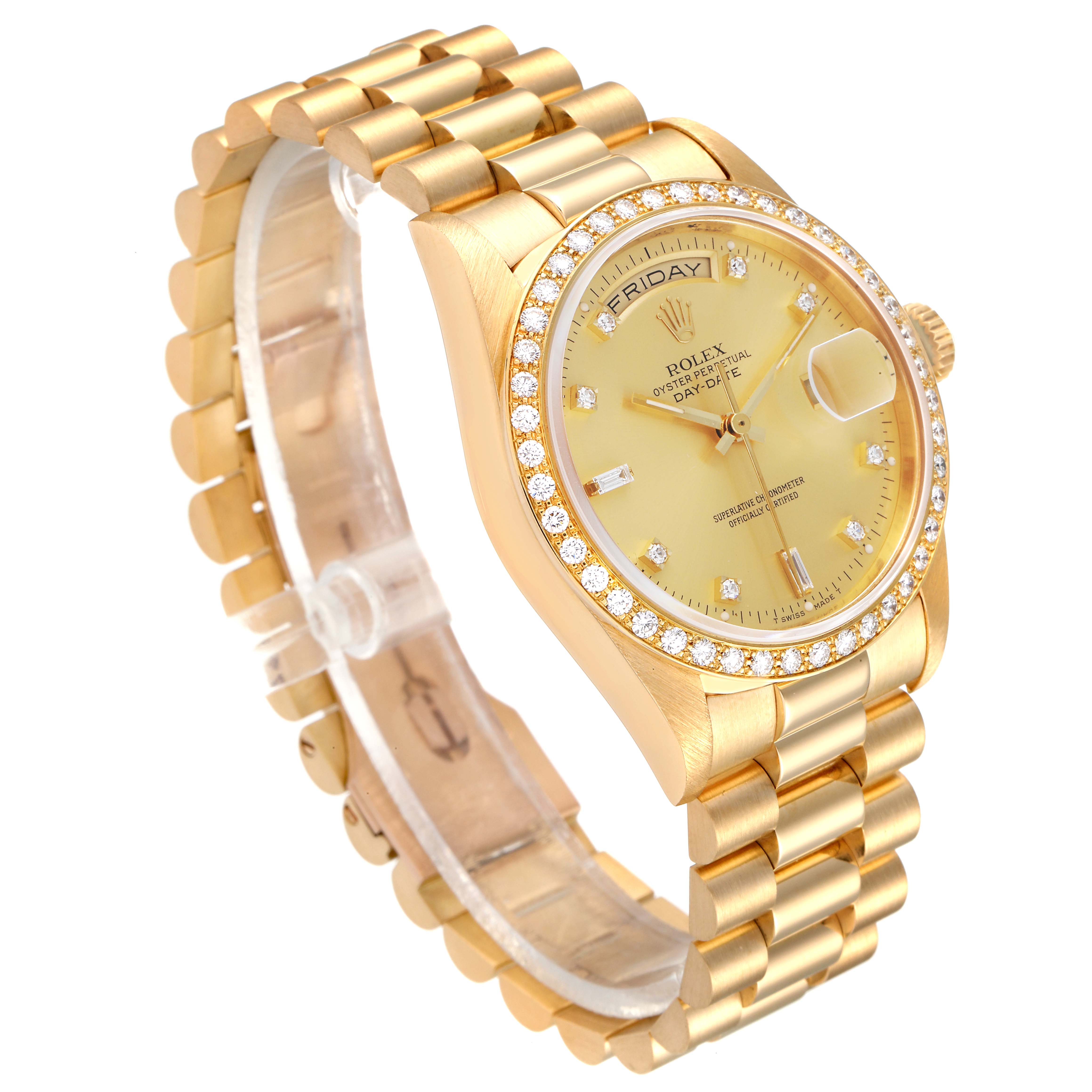 The image shows a side angle of a Rolex President 18348 Men's Stainless Steel Champagne Dial 18348 Men's Stainless Steel Champagne Dial model, displaying its gold bracelet, case, and diamond-encrusted bezel.