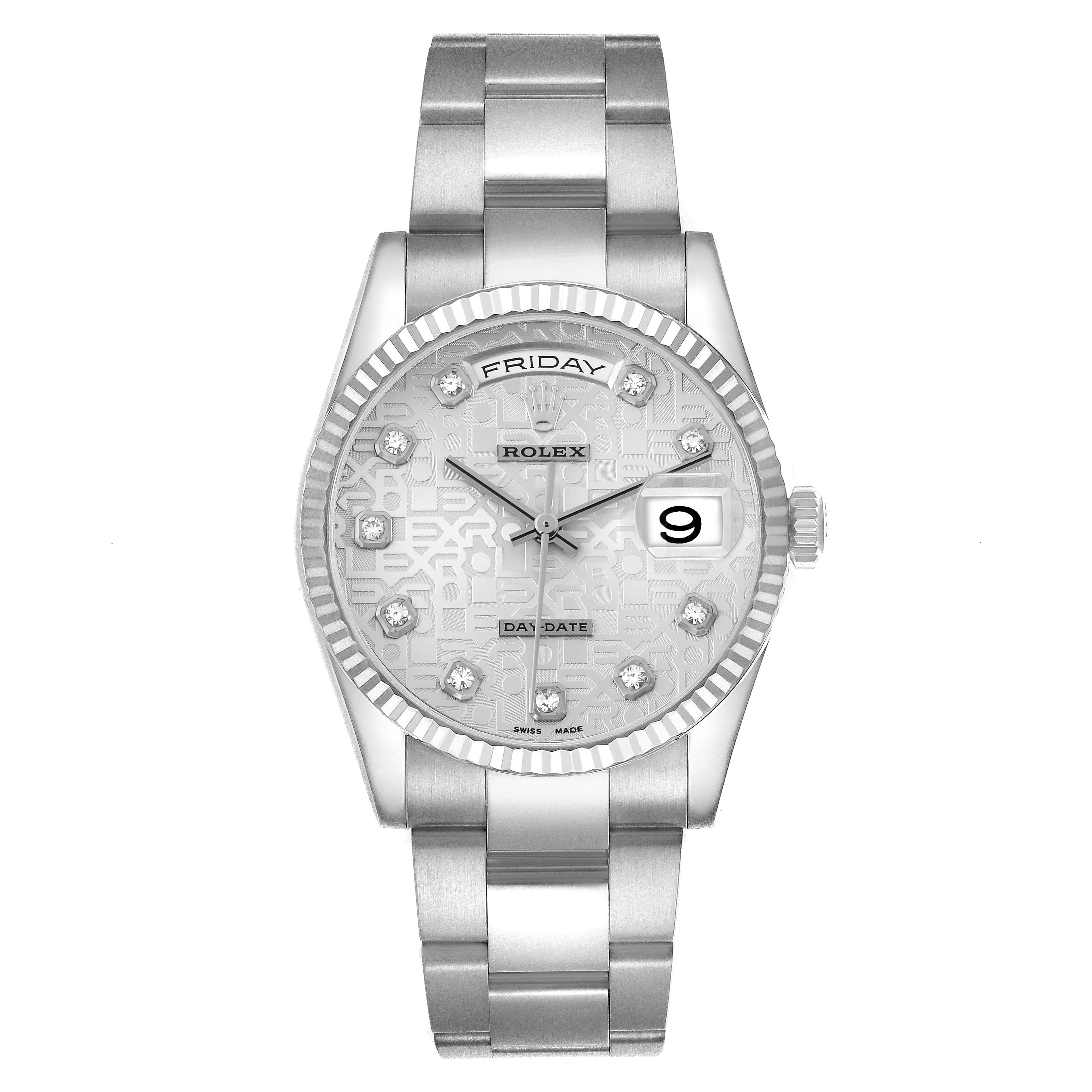 The Rolex President 118239 Men's White Gold Silver Dial watch is shown from the front, displaying the dial, bezel, day, date, and bracelet.
