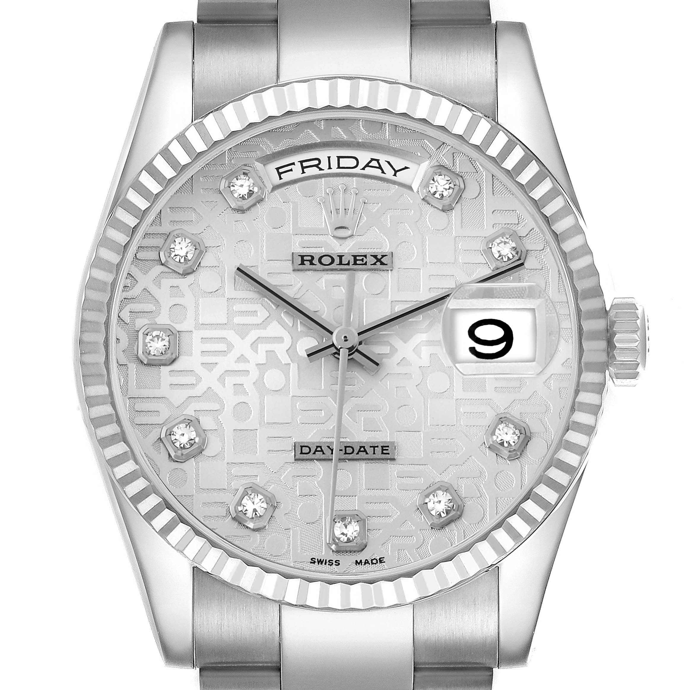 The Rolex President 118239 Men's White Gold Silver Dial watch is shown from a front view, highlighting the dial, day-date display, hands, and diamond markers.