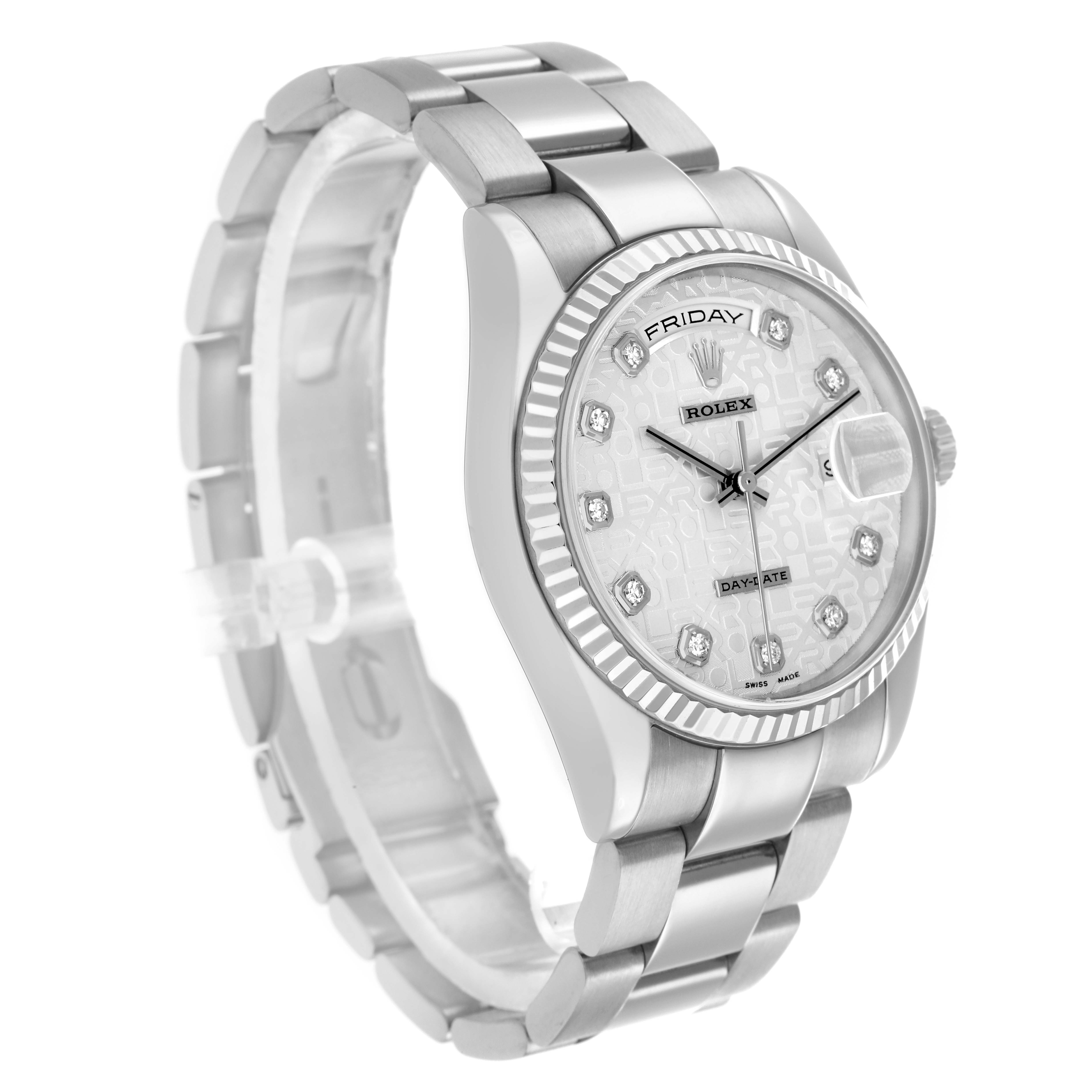 The Rolex President 118239 Men's White Gold Silver Dial model is shown at a three-quarter angle, displaying the watch face, bracelet, and fluted bezel.