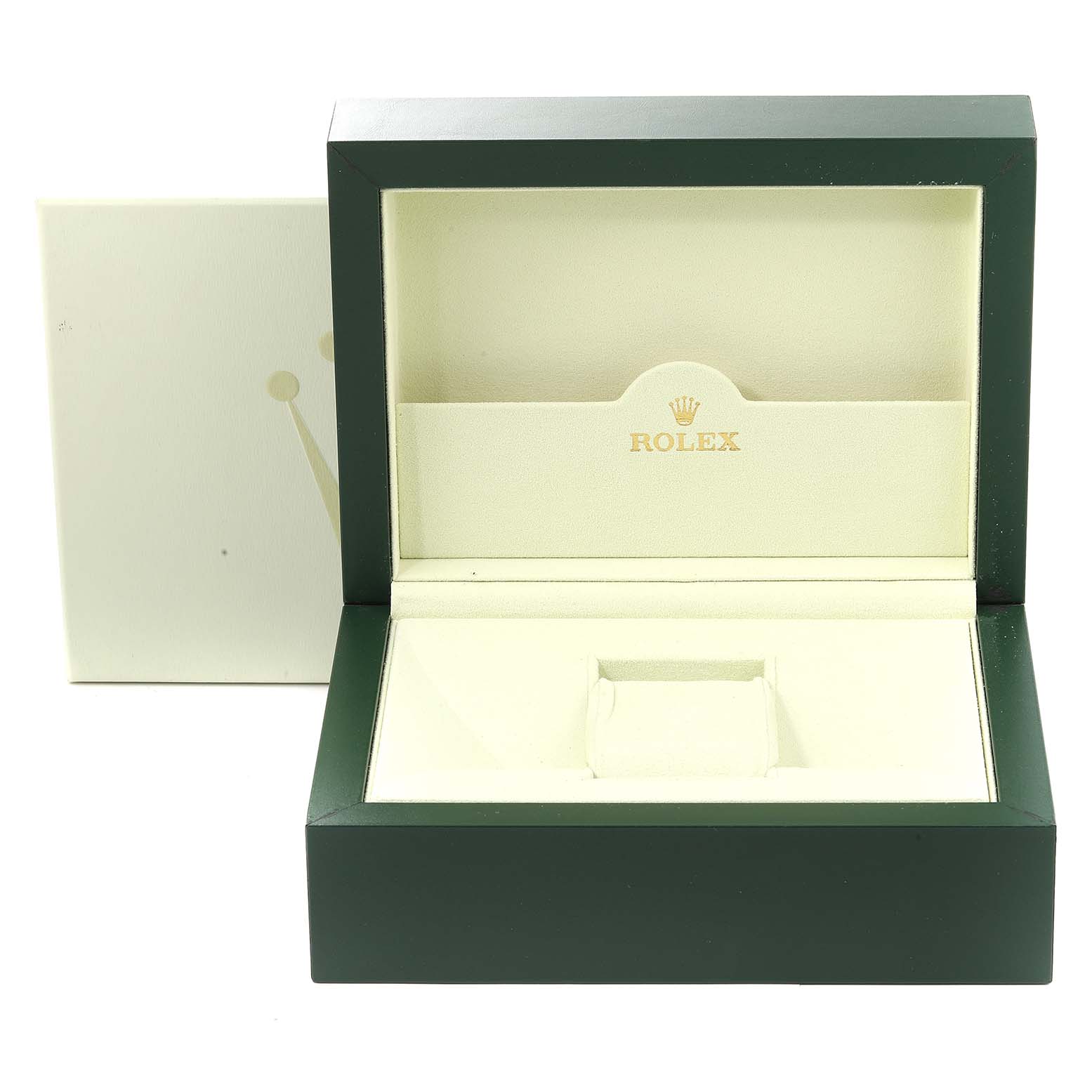 This image shows an open presentation box for a Rolex President 118239 Men's White Gold Silver Dial 118239 Men's White Gold Silver Dial model watch, featuring the brand's logo inside.