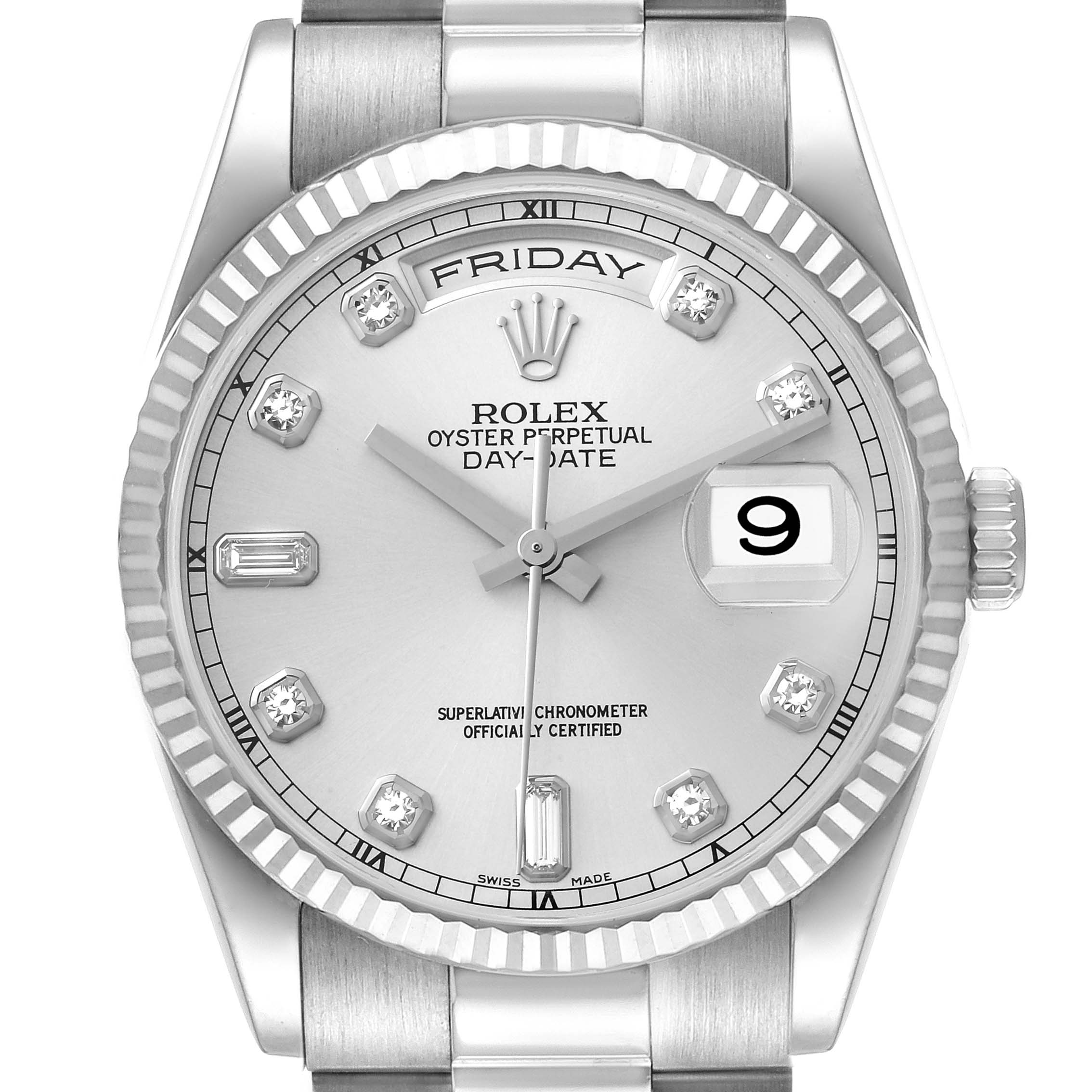 This image shows a front view of the Rolex President 118239 Men's White Gold Silver Dial 118239 Men's White Gold Silver Dial Day-Date watch, highlighting its dial, bezel, and bracelet.