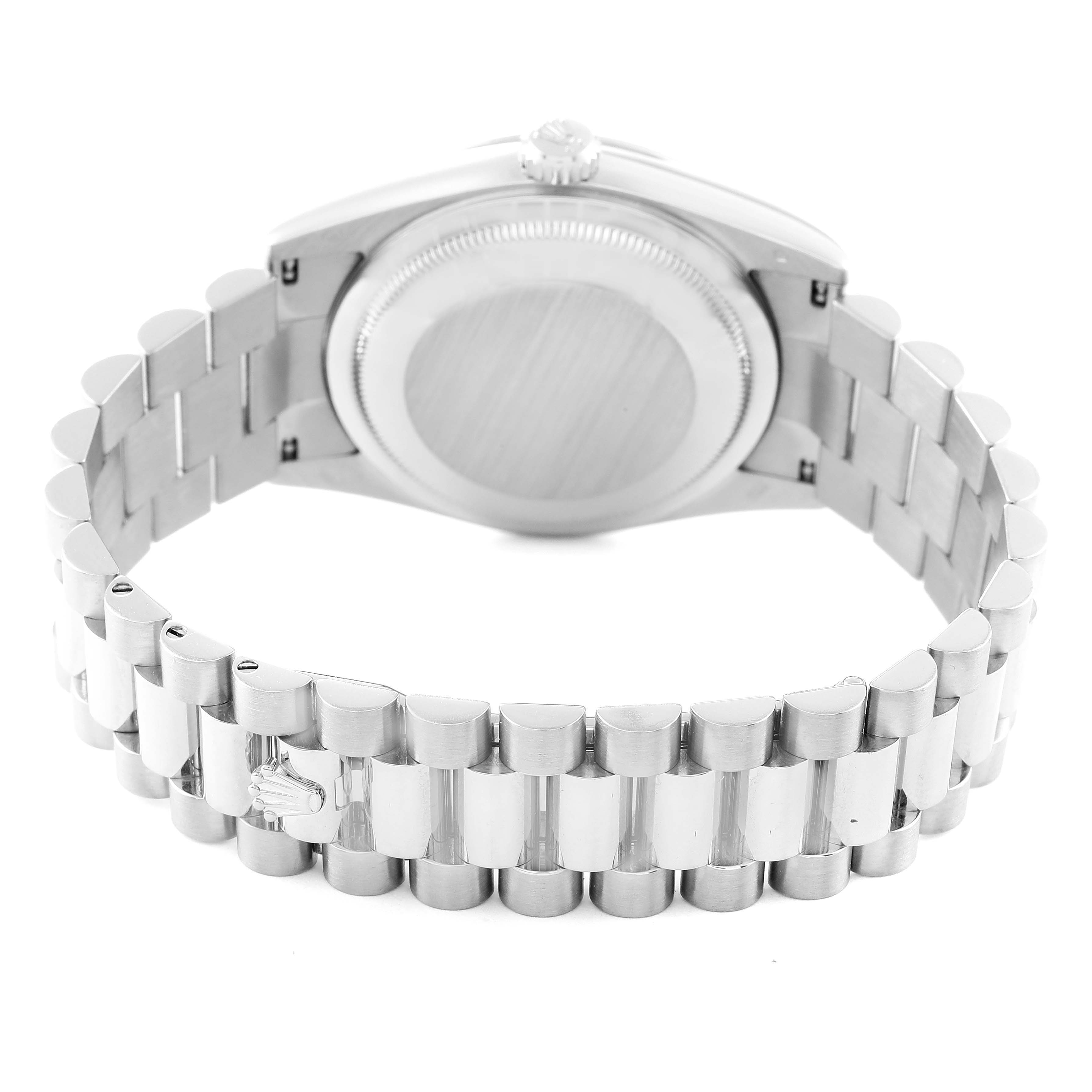The image shows the back and bracelet of a Rolex President 118239 Men's White Gold Silver Dial 118239 Men's White Gold Silver Dial model watch from a rear angle.
