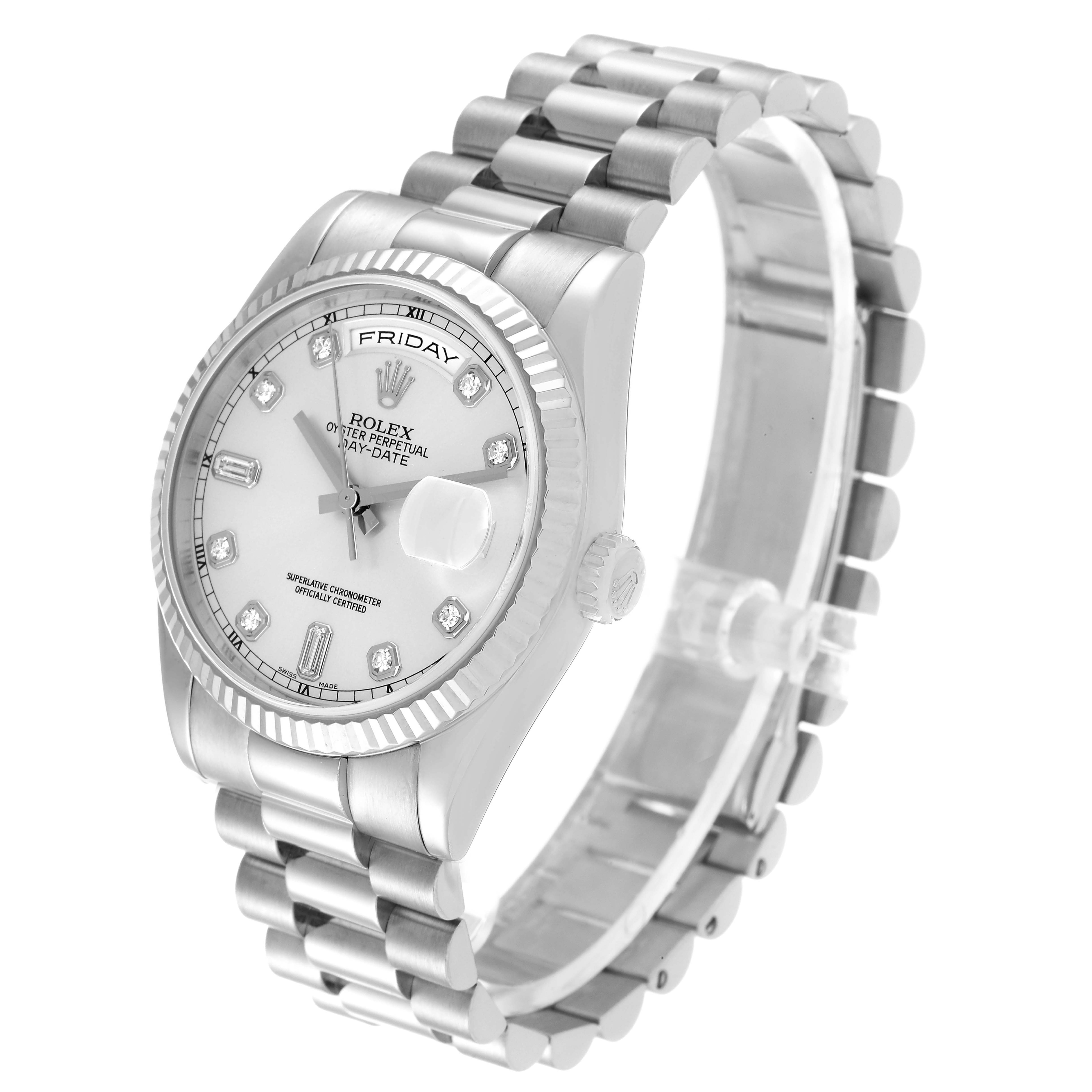 The Rolex President 118239 Men's White Gold Silver Dial 118239 Men's White Gold Silver Dial model watch is shown from an angled front view, highlighting the dial, crown, and bracelet.