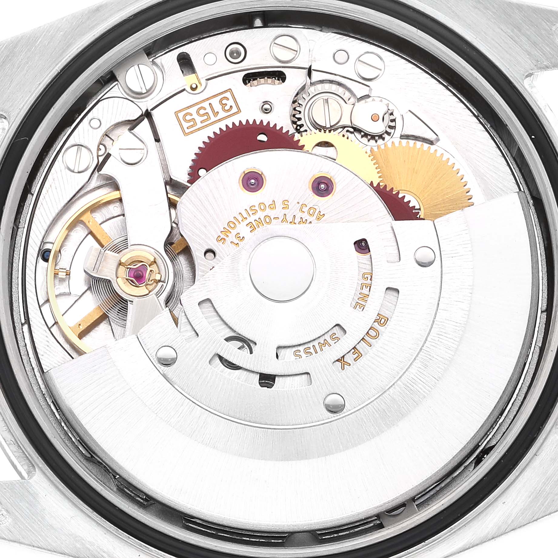 The image shows an internal view of the Rolex President 118239 Men's White Gold Silver Dial 118239 Men's White Gold Silver Dial watch model, highlighting its movement and mechanical parts.