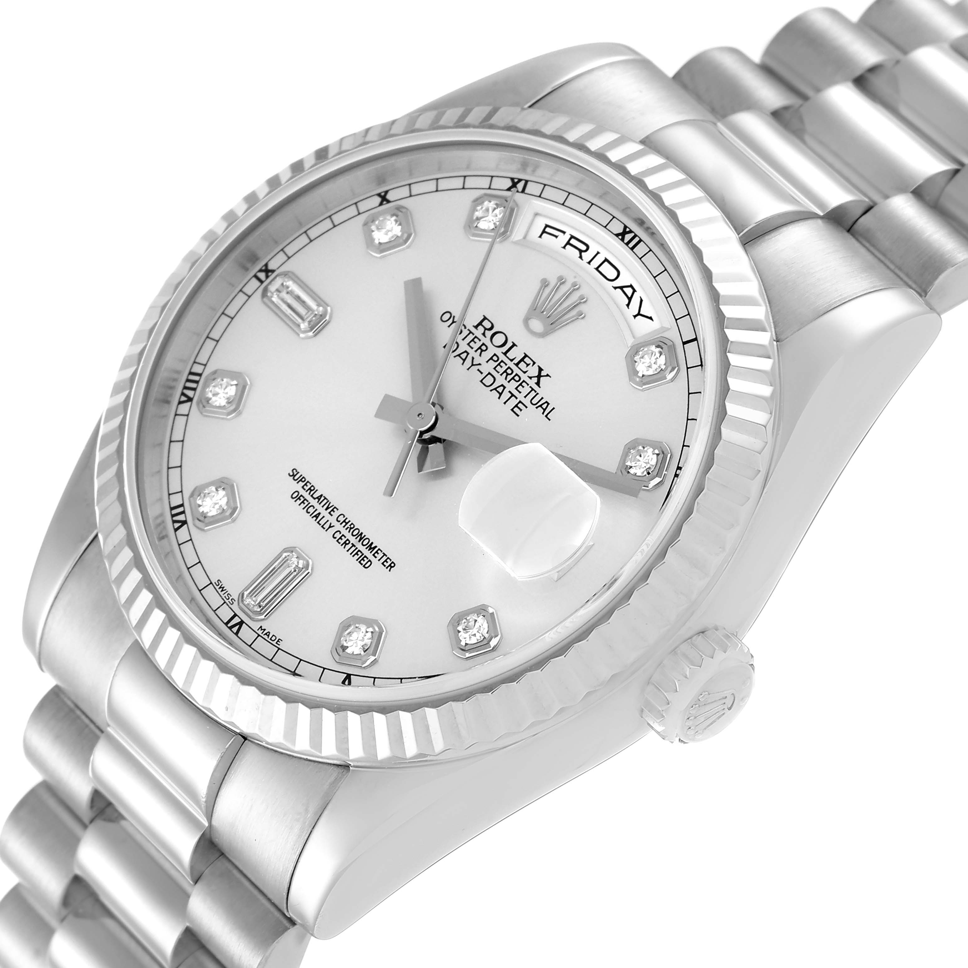 This Rolex President 118239 Men's White Gold Silver Dial 118239 Men's White Gold Silver Dial model watch is shown at an angled view highlighting the dial, bezel, crown, and part of the bracelet.