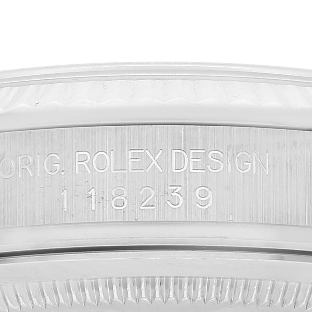 This image shows the side profile angle of the bezel and case of a Rolex President 118239 Men's White Gold Silver Dial 118239 Men's White Gold Silver Dial model, featuring the model number.