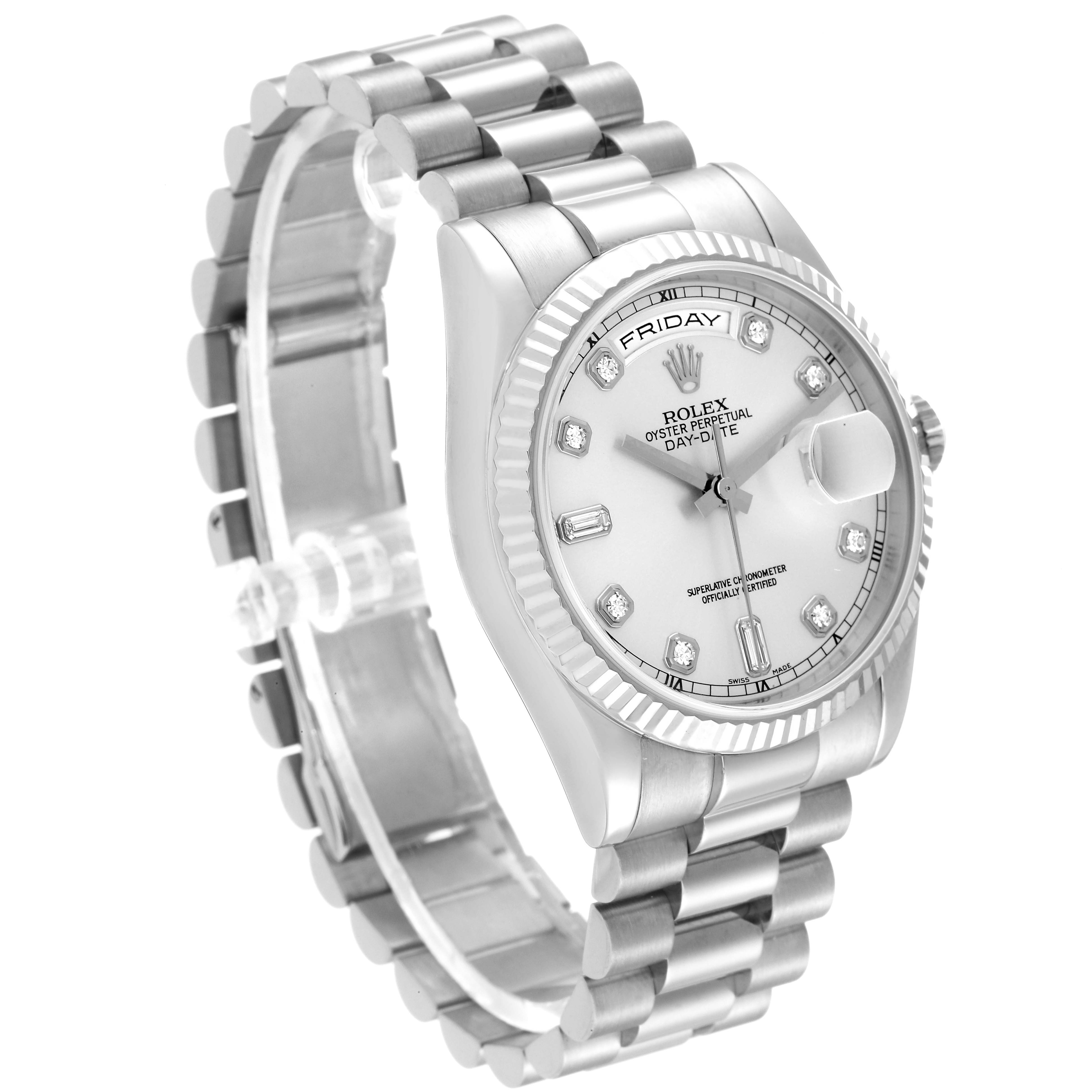 This is a side-angle view of the Rolex President 118239 Men's White Gold Silver Dial 118239 Men's White Gold Silver Dial model watch, showcasing its face, bracelet, and fluted bezel.