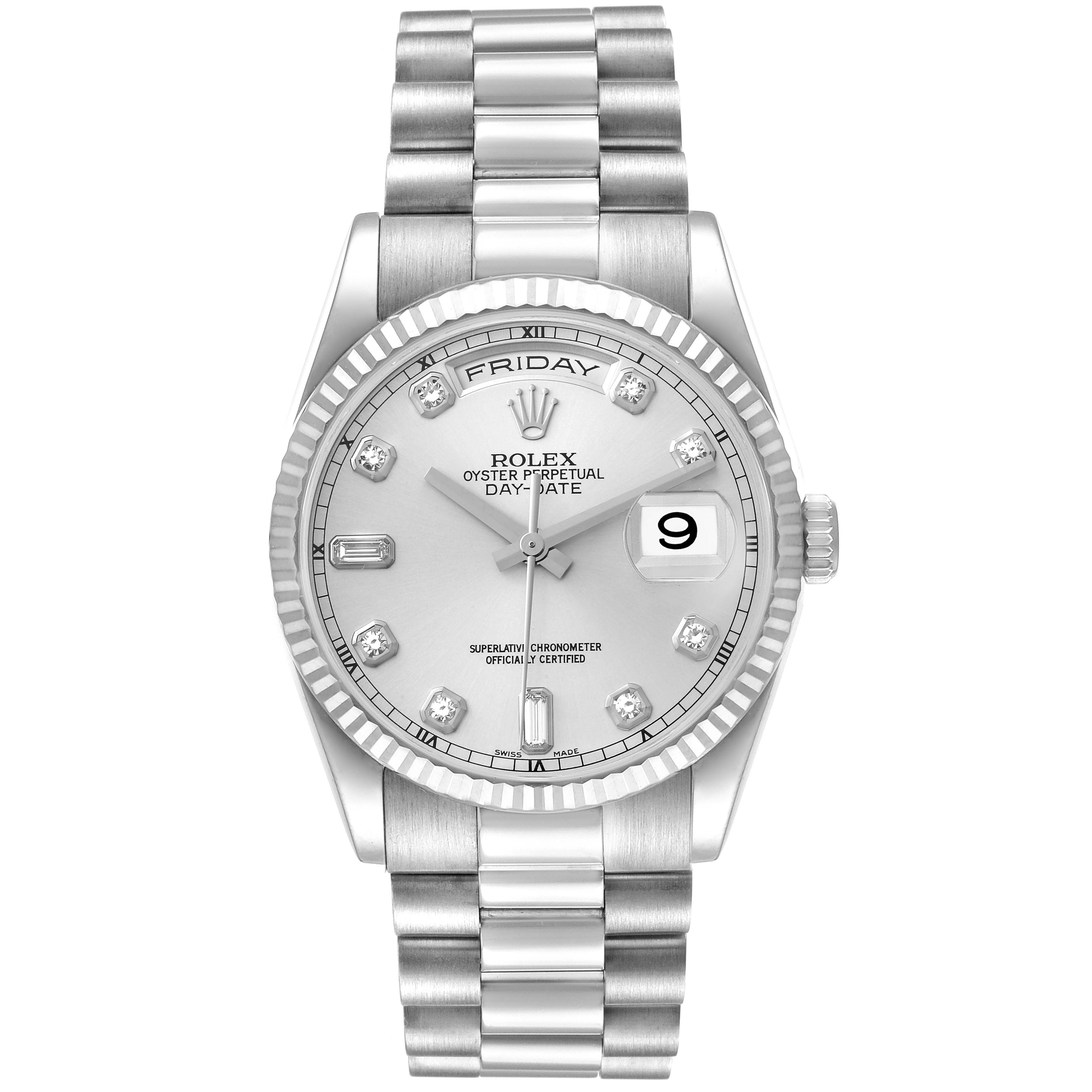 The image shows the front view of a Rolex President 118239 Men's White Gold Silver Dial 118239 Men's White Gold Silver Dial model watch featuring its dial, bracelet, and bezel.