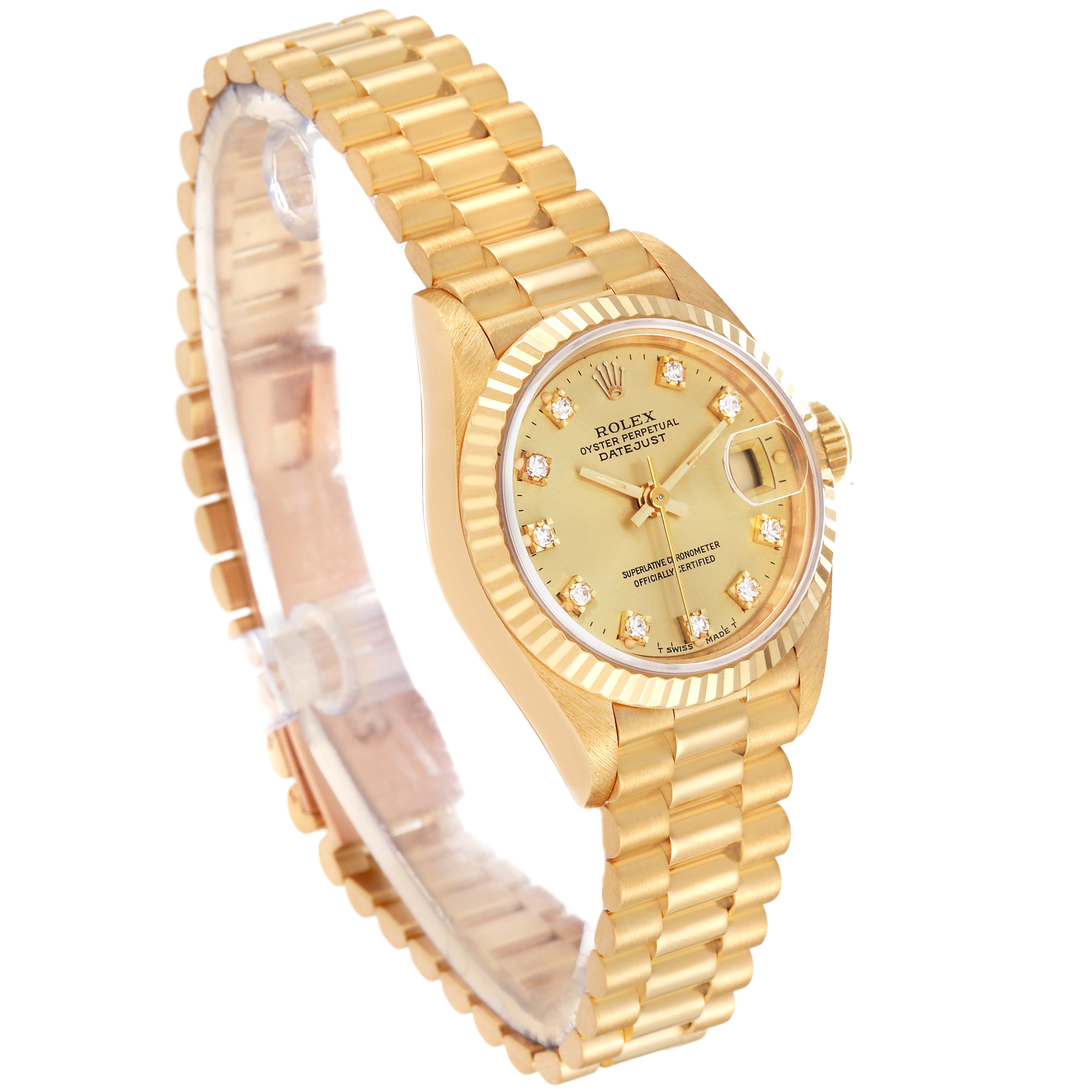 The image shows a side view of the gold Rolex President 69178 Women
s Yellow Gold Champagne Dial 69178 Women
s Yellow Gold Champagne Dial model watch, highlighting the bracelet, dial, and bezel.