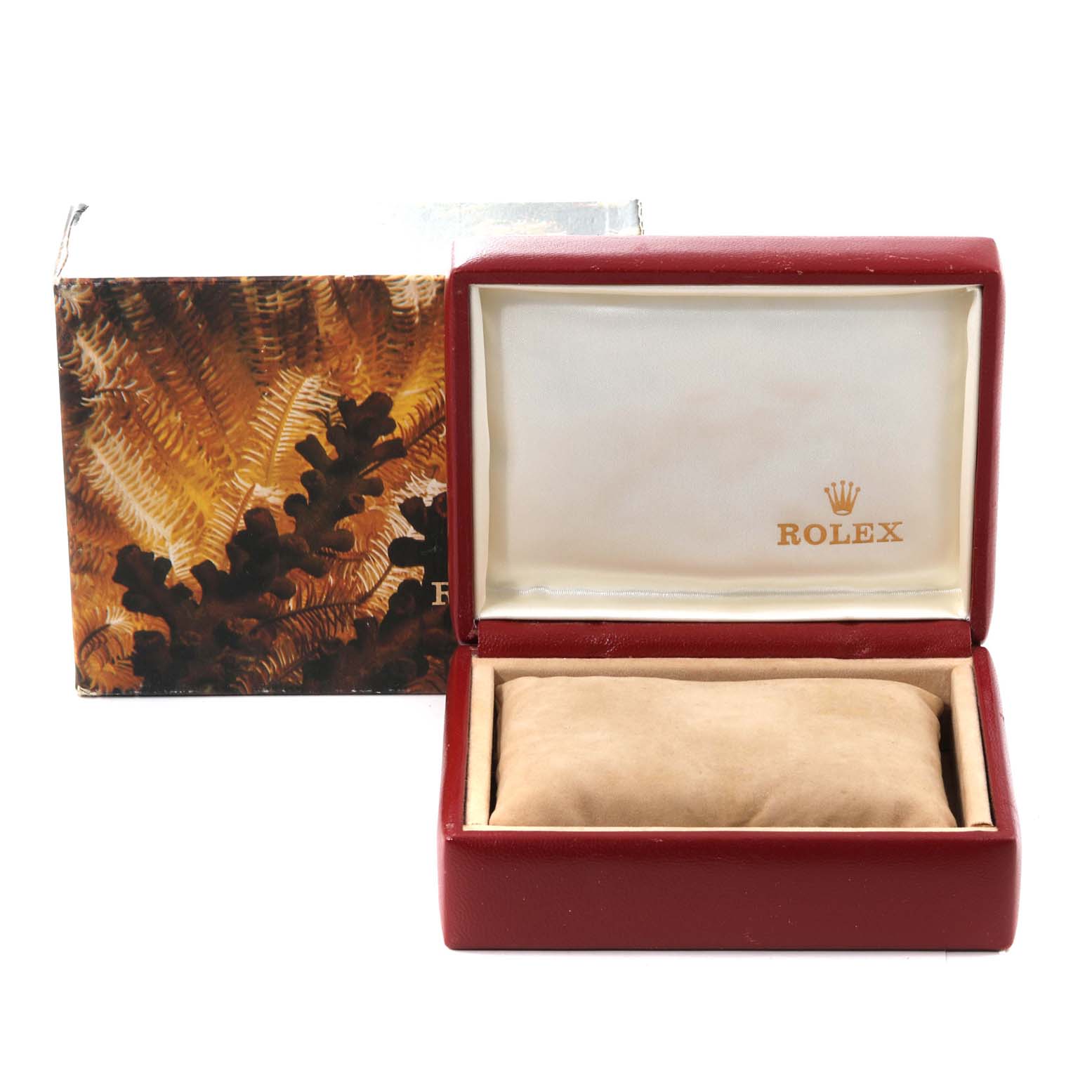 The image shows a Rolex President 69178 Women
s Yellow Gold Champagne Dial 69178 Women
s Yellow Gold Champagne Dial watch box with the lid open and the cushion inside.