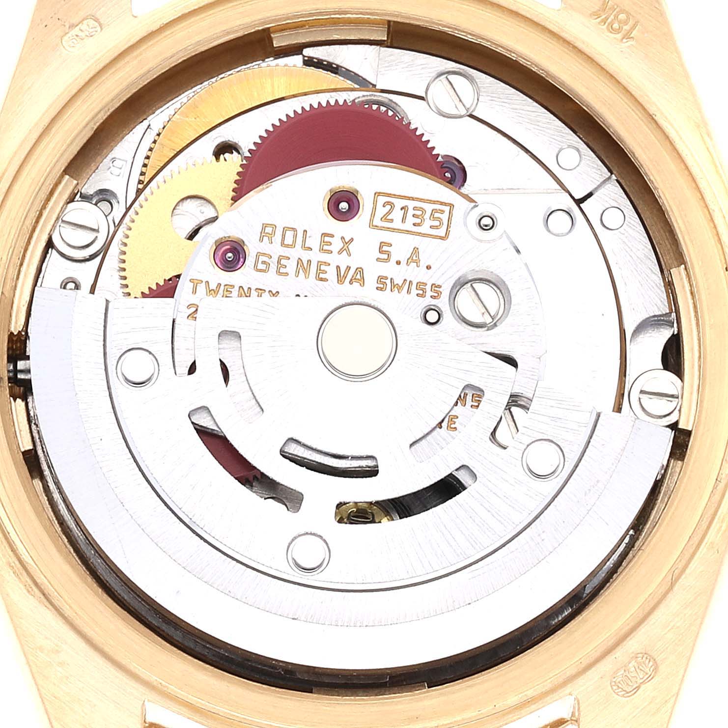 This image shows the inner movement mechanism of a Rolex President 69178 Women
s Yellow Gold Champagne Dial 69178 Women
s Yellow Gold Champagne Dial model watch with visible gears and markings.