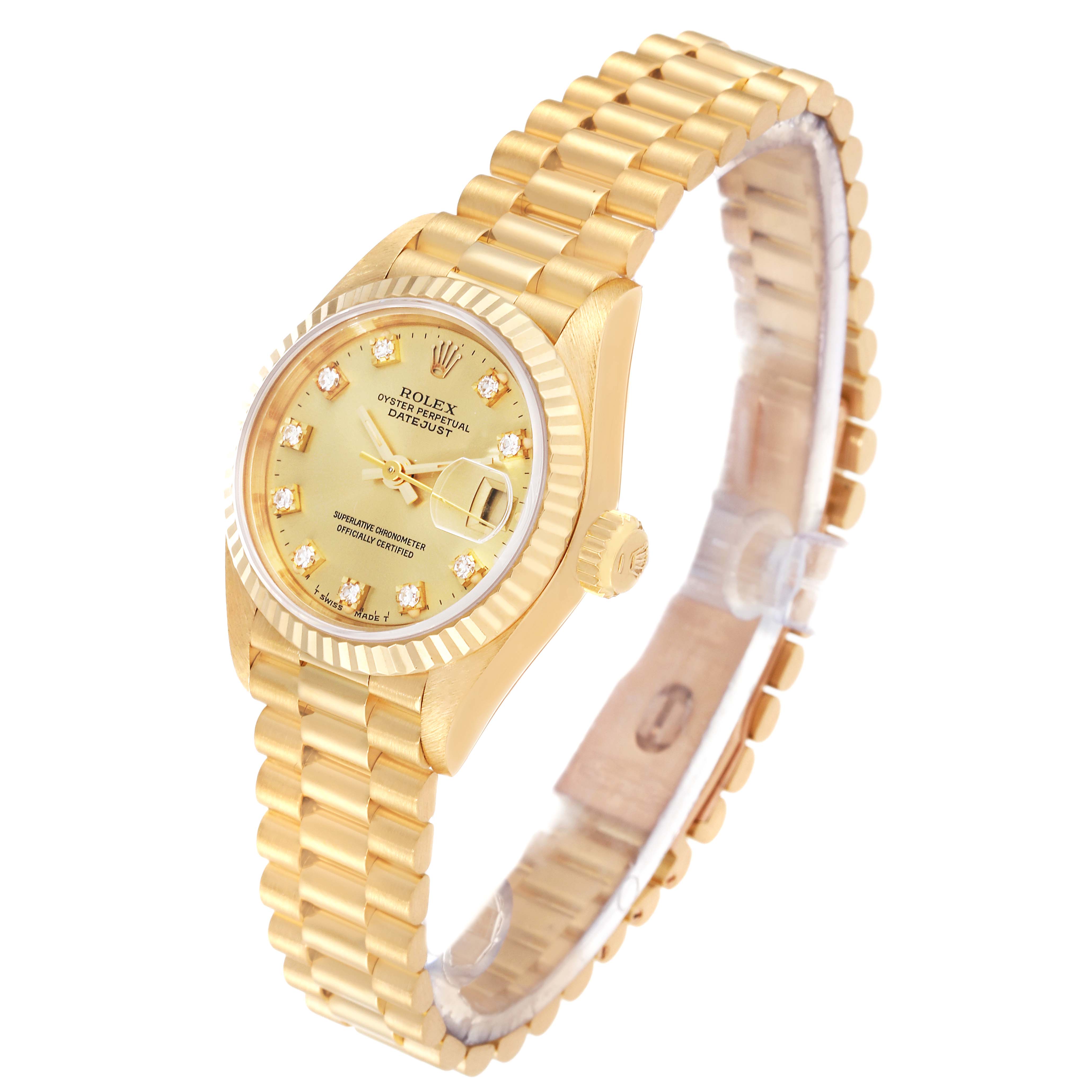 The image shows a side and front view of a gold Rolex President 69178 Women
s Yellow Gold Champagne Dial 69178 Women
s Yellow Gold Champagne Dial model watch, highlighting the dial, bezel, crown, and bracelet.