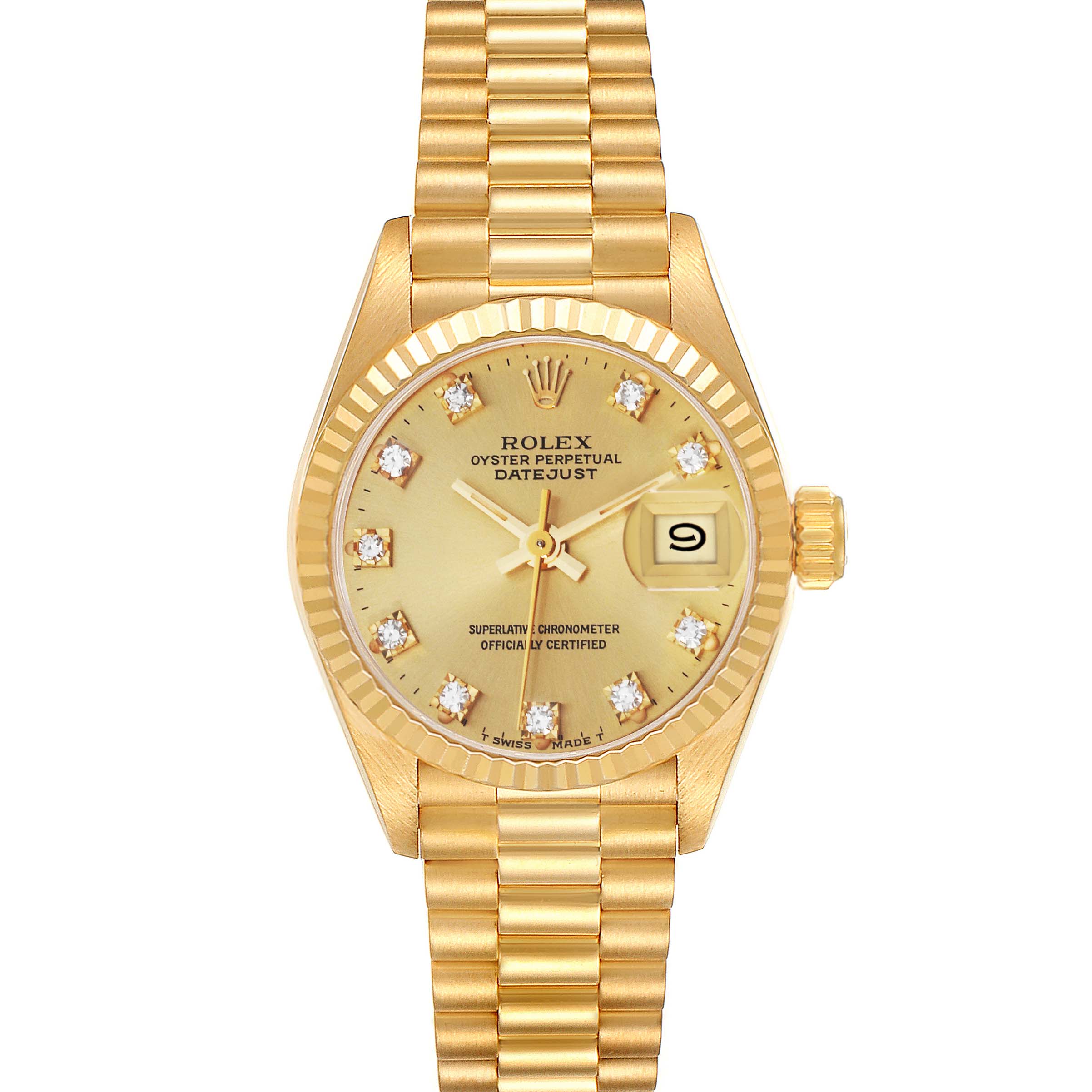 This is a top-down view of a Rolex President 69178 Women
s Yellow Gold Champagne Dial 69178 Women
s Yellow Gold Champagne Dial model, showcasing the dial, bezel, crown, and bracelet.